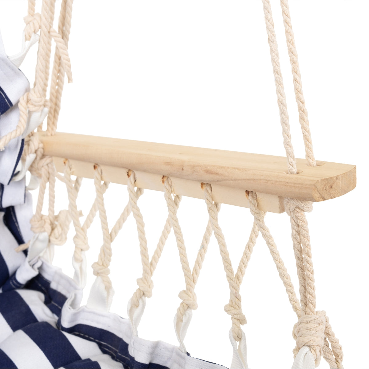 Bâton en bois d'un hamac avec des rayures bleues et blanches.
