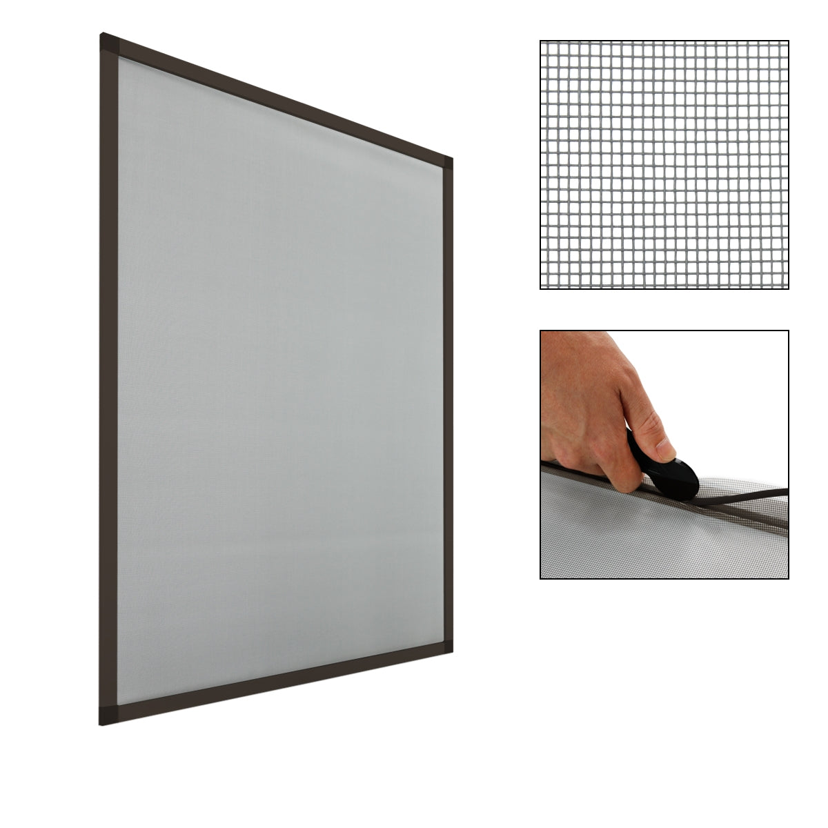Una mosquitera gris con marco marrón, representada con un asa.
