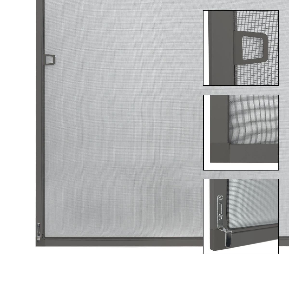 Detailed view of a gray insect screen with handle and hinge.