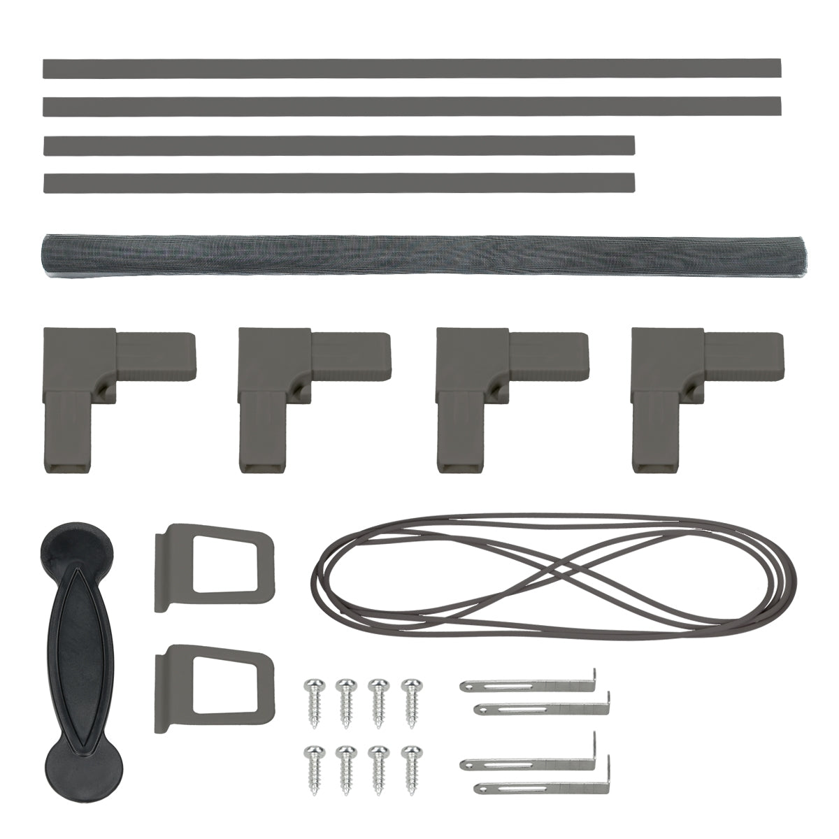 Accessory set for insect screens with various parts.