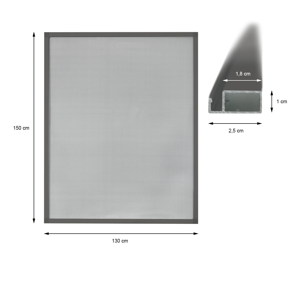 Gray insect screen with dimensions 130 cm x 150 cm.