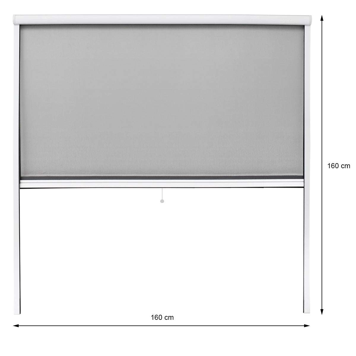 Grauer Rolladen mit Abmessungen 160 cm x 160 cm.