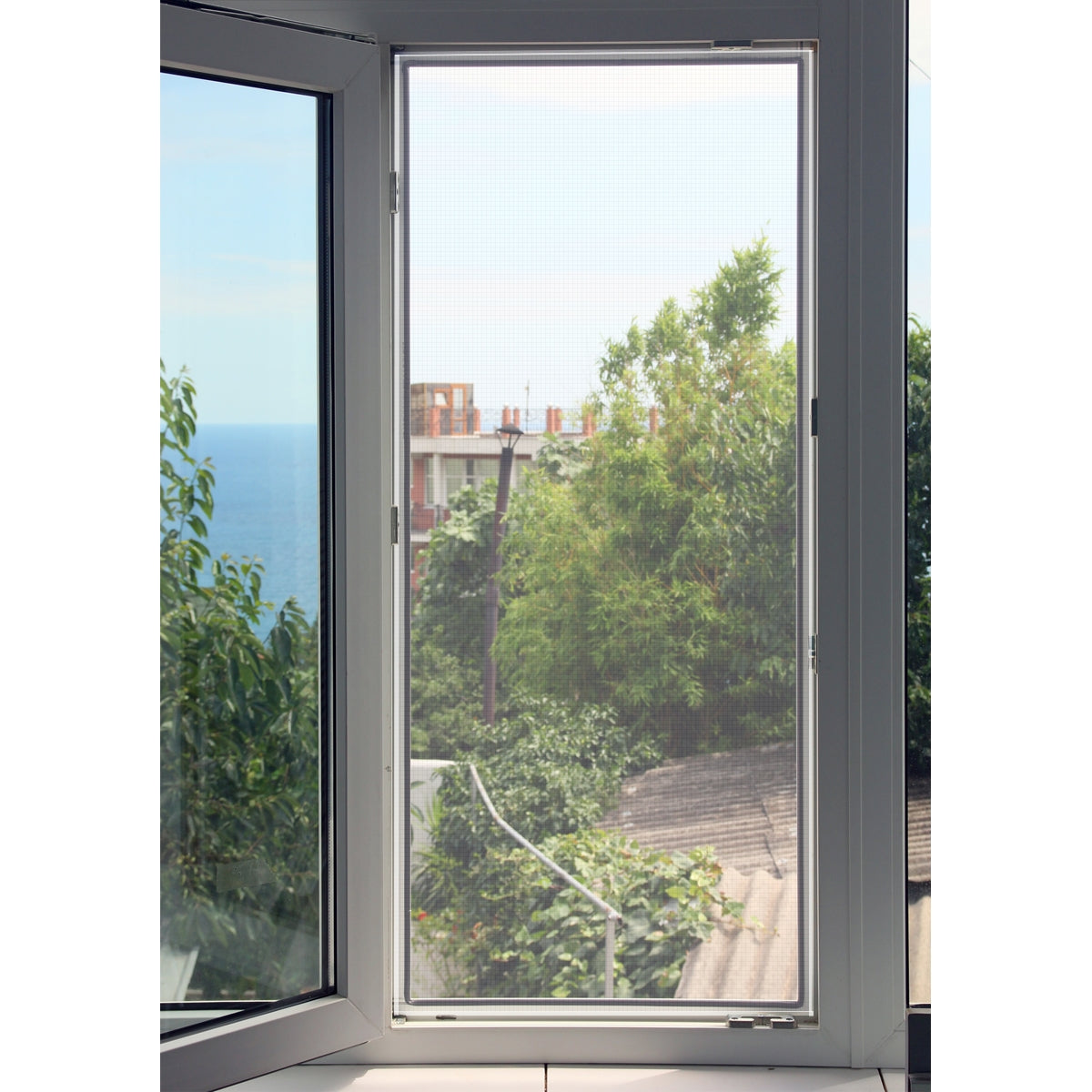 Window with insect screen, view of a garden and the sea.
