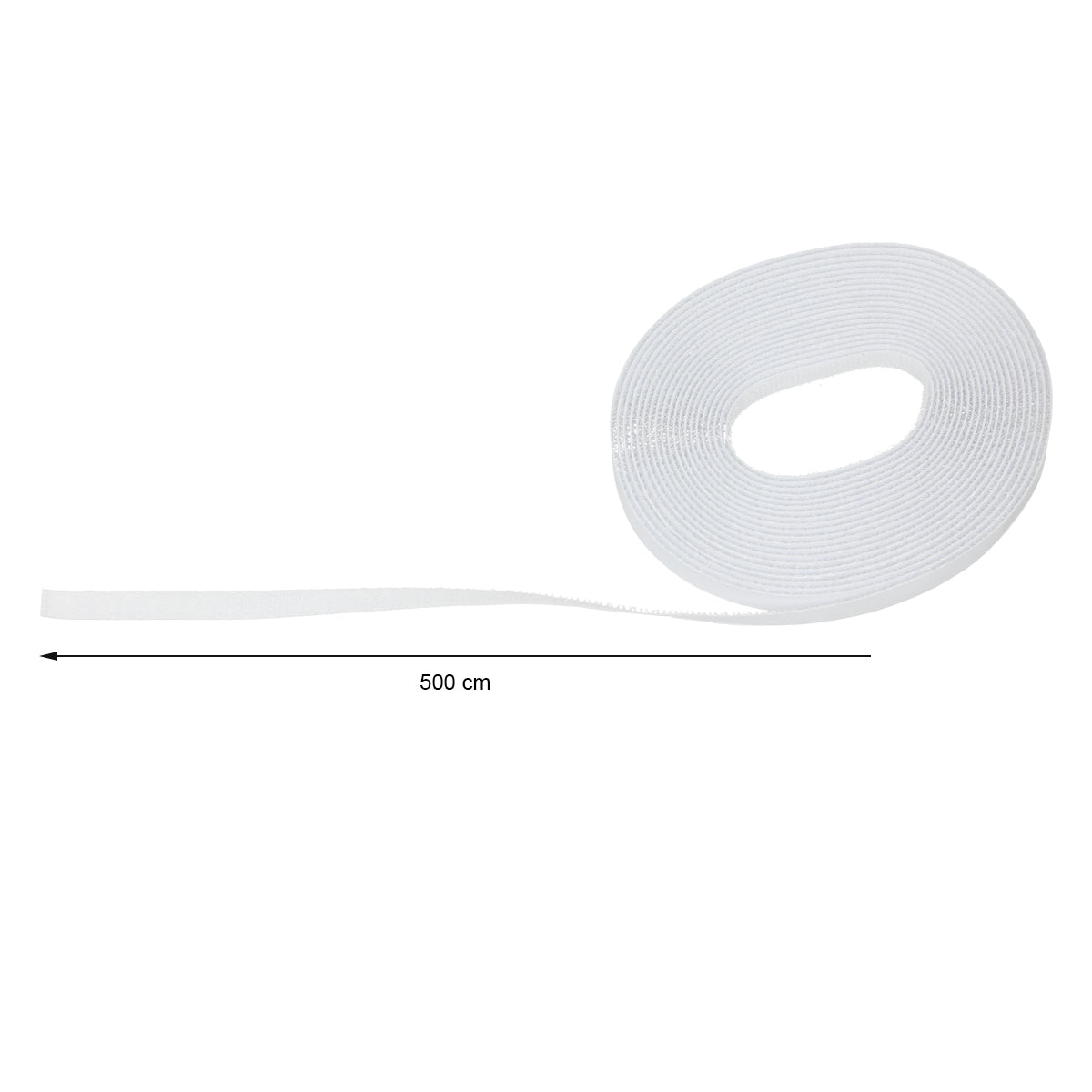 A white Velcro tape on a roll with a length of 500 cm.