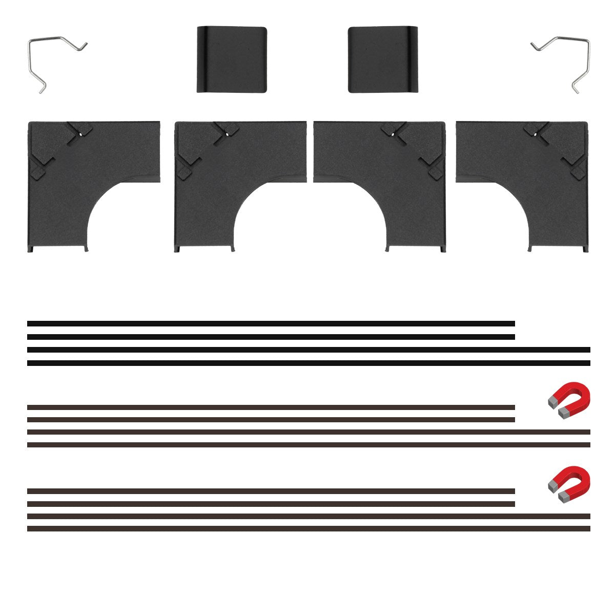Black plastic parts and magnetic strips on a white background.