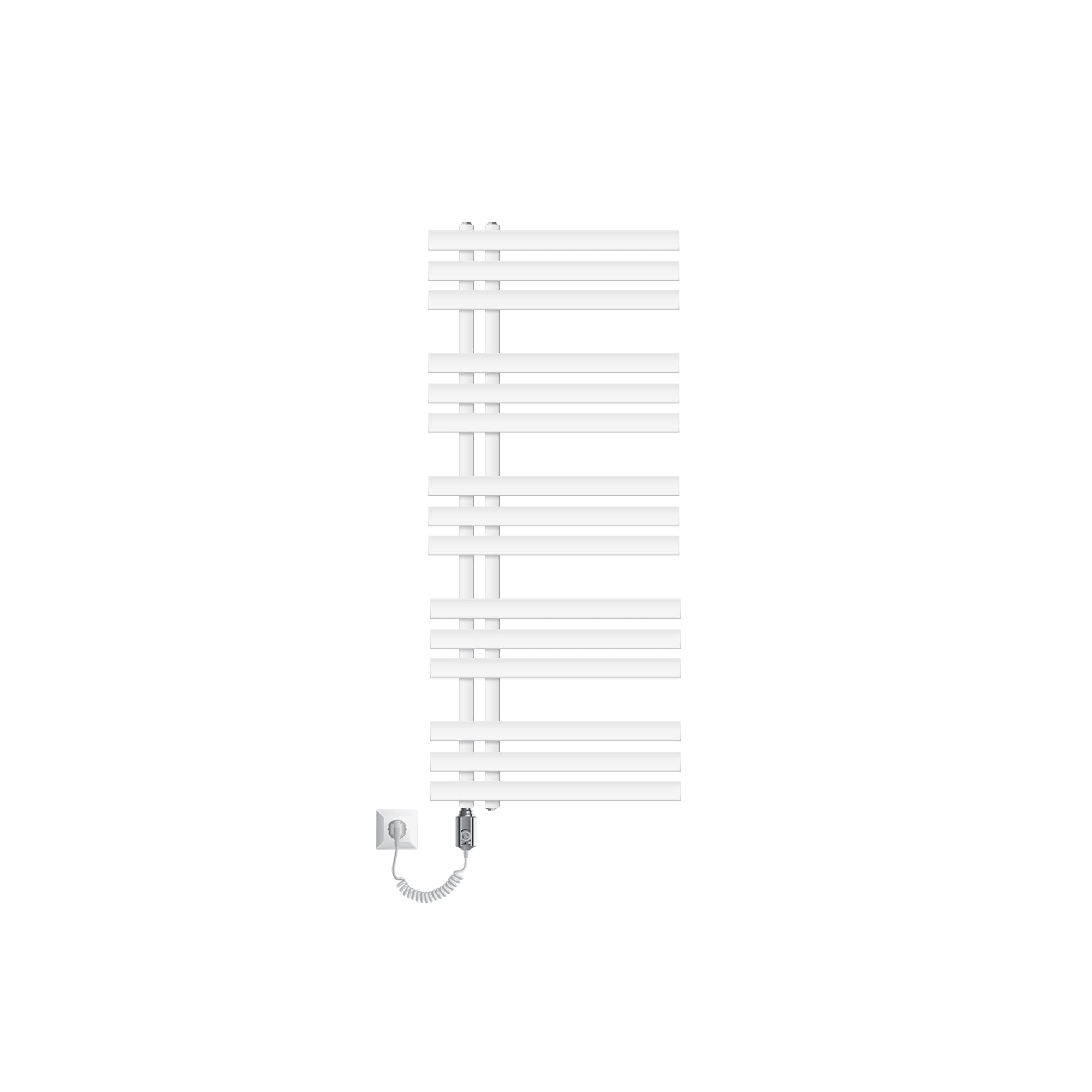 Grafik eines weißen elektrischen Handtuchhalters mit Anschluss.