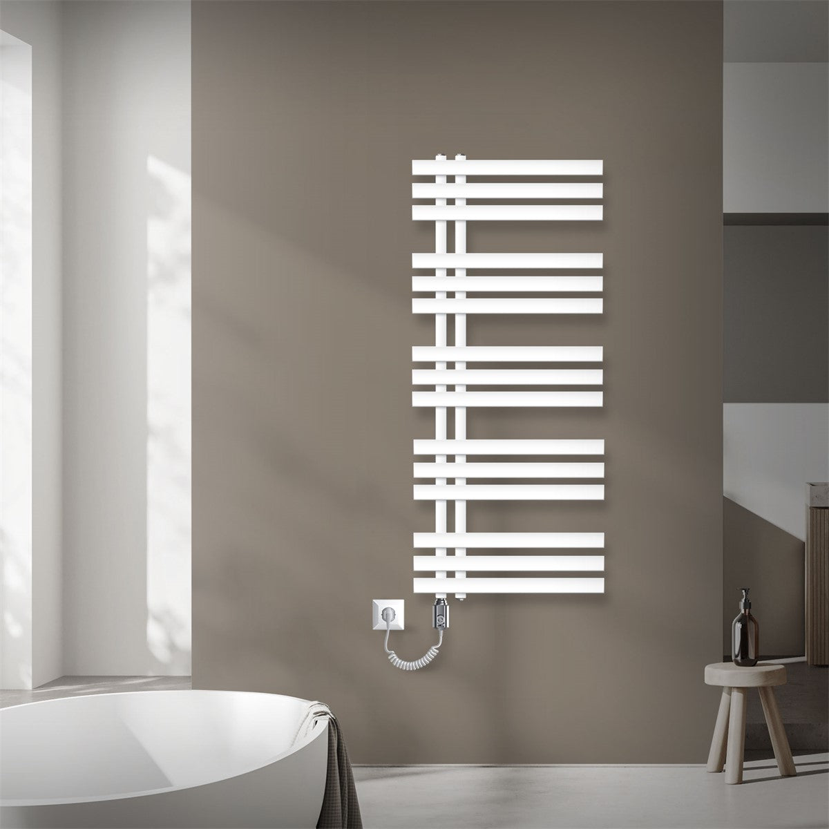 White towel radiator with a wall connection.