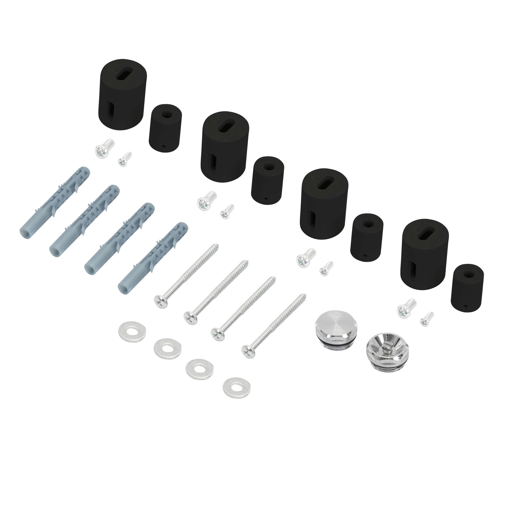 Schwarzes Montagematerial mit Schrauben, Dübel und Unterlegscheiben.