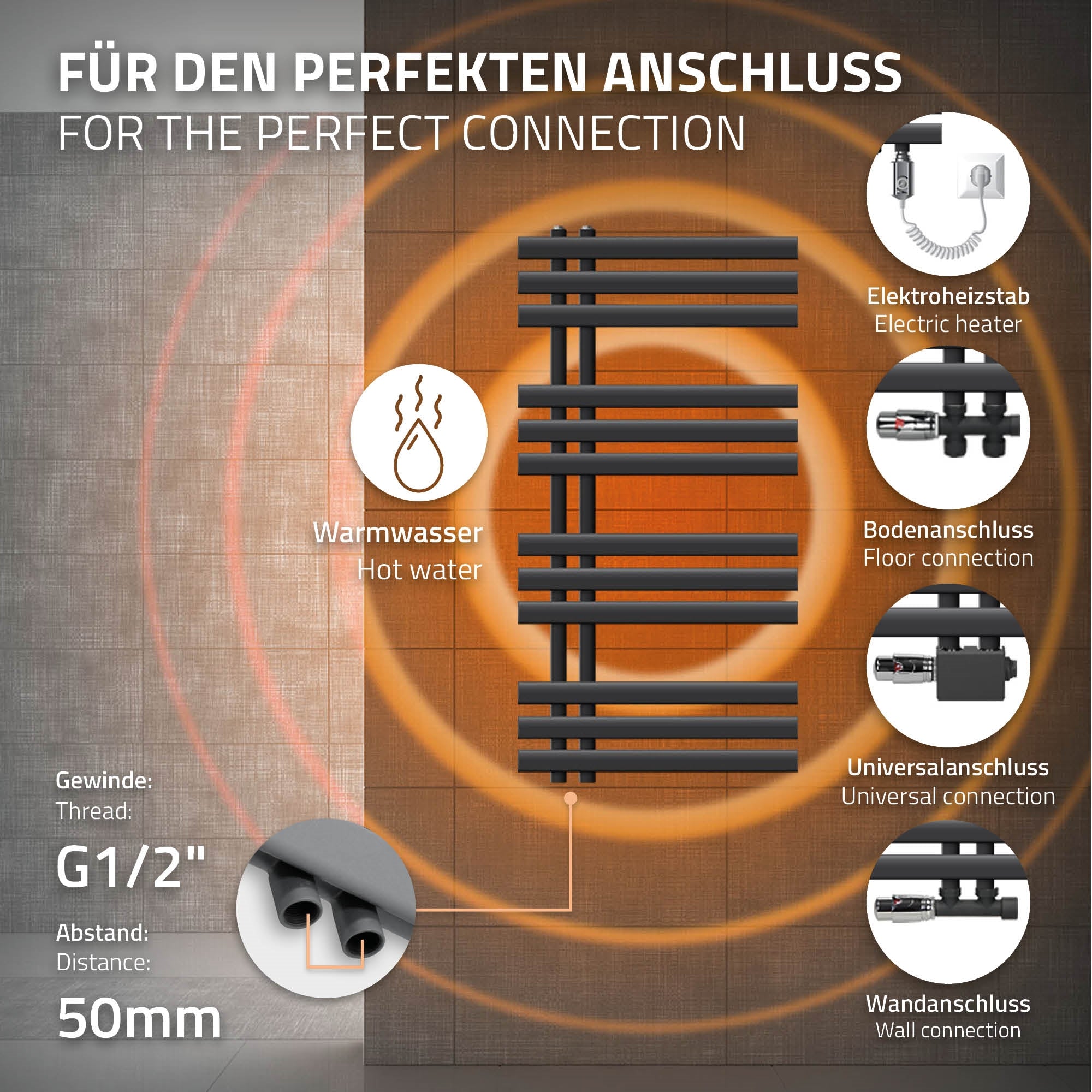 Heizkörper mit Anschlussdetails und Elektroheizstab in Anthrazit.