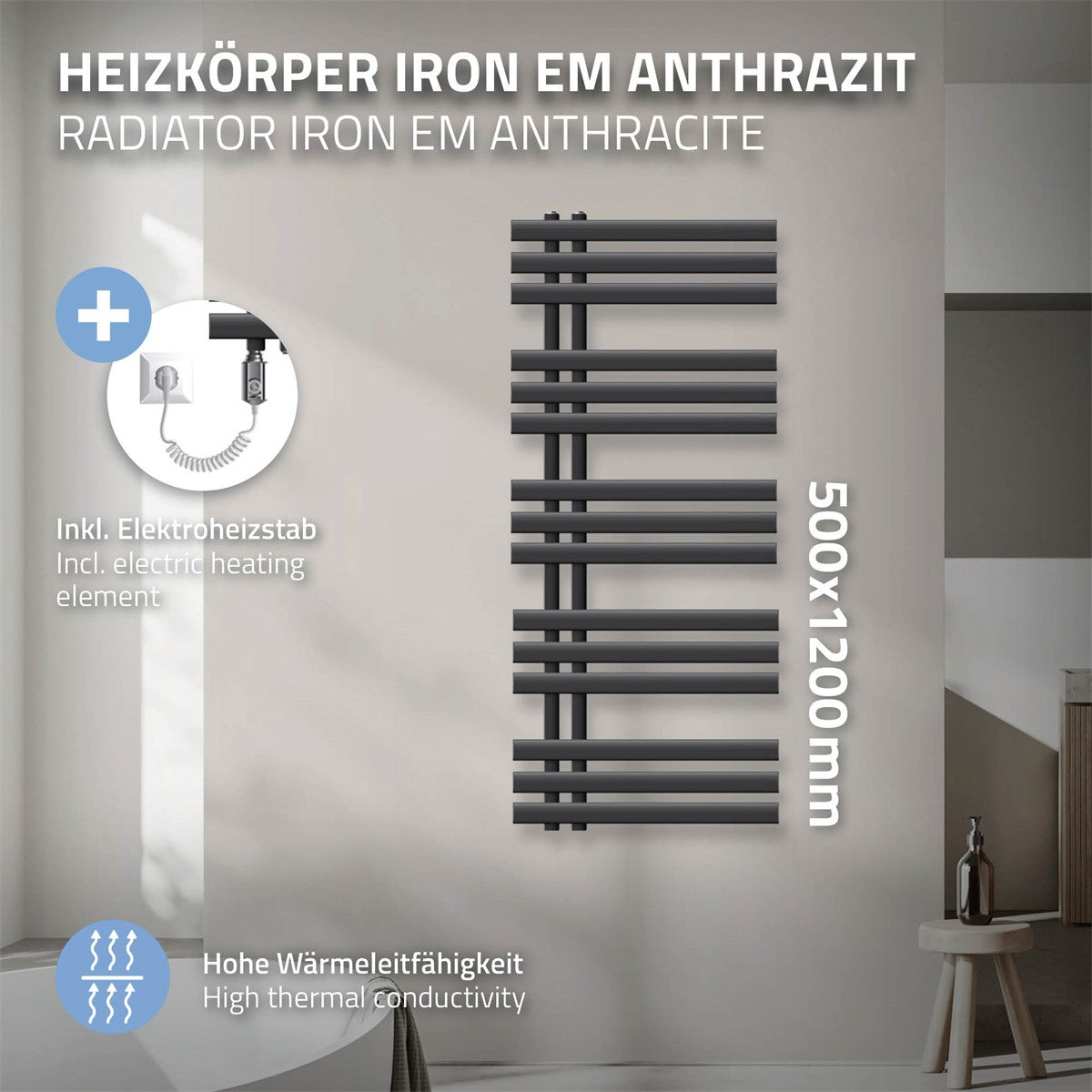 Antracitfarvet radiator, 500 × 1200 mm, med elvarmestav.