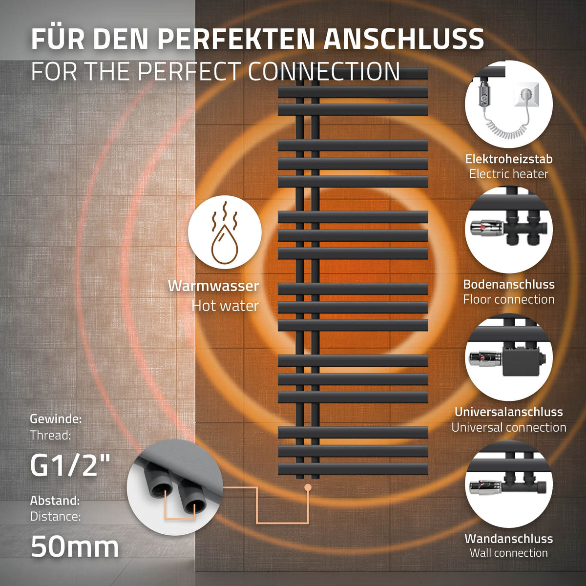 Heizkörper in Anthrazit, 500x1400 mm, mit Anschlussdetails.