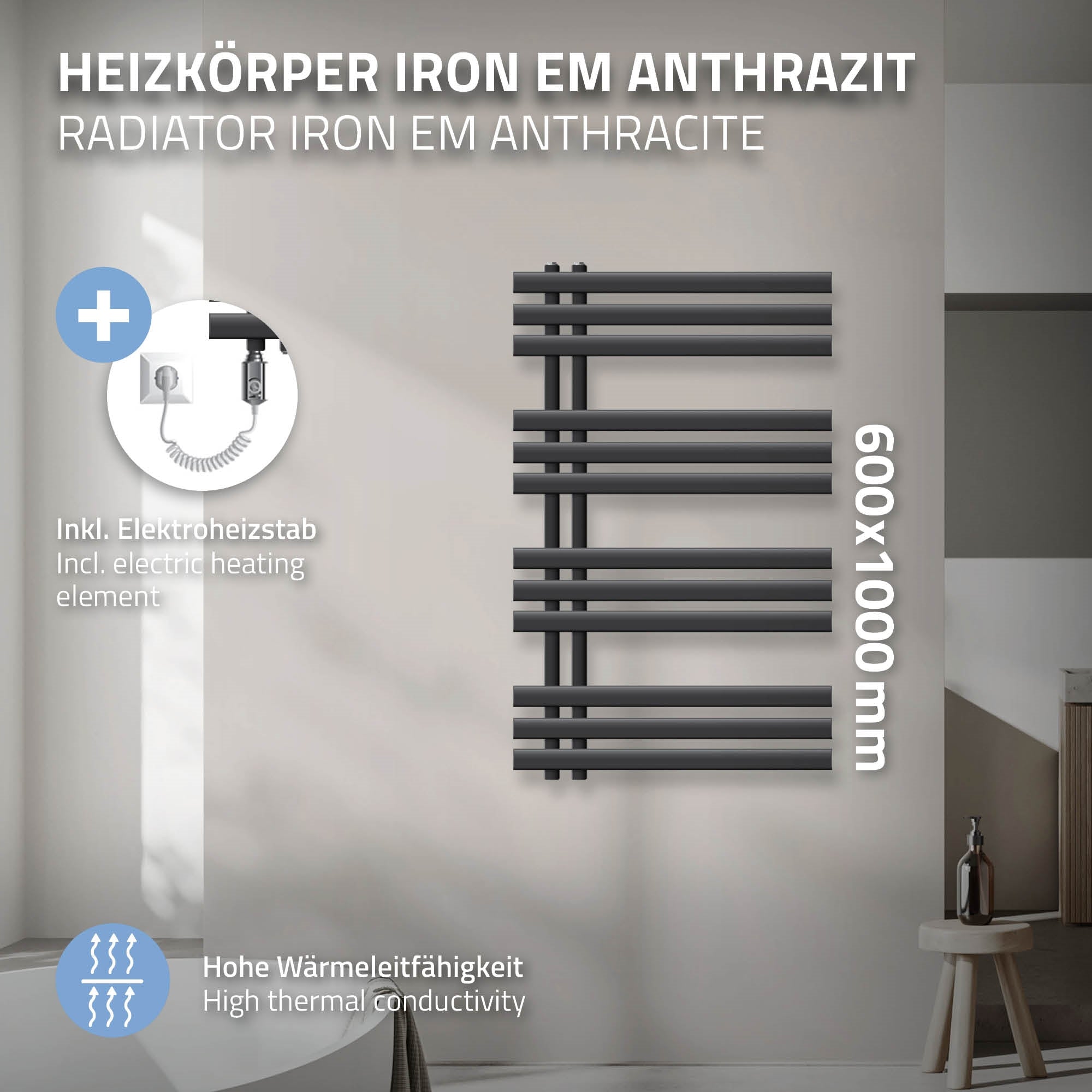 Anthracite radiator with electric heating element, 600x1000 mm.