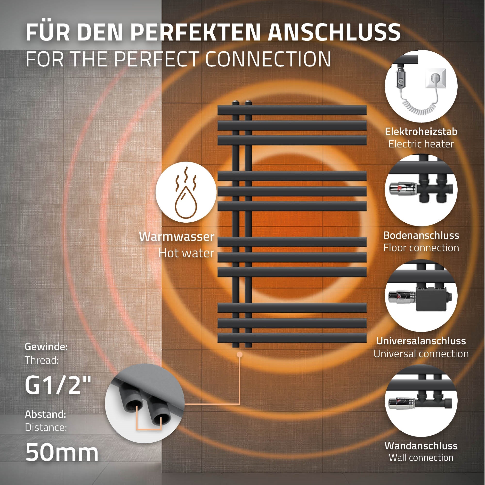 Heizkörper in Anthrazit, 600x1000 mm, mit Elektroheizstab.