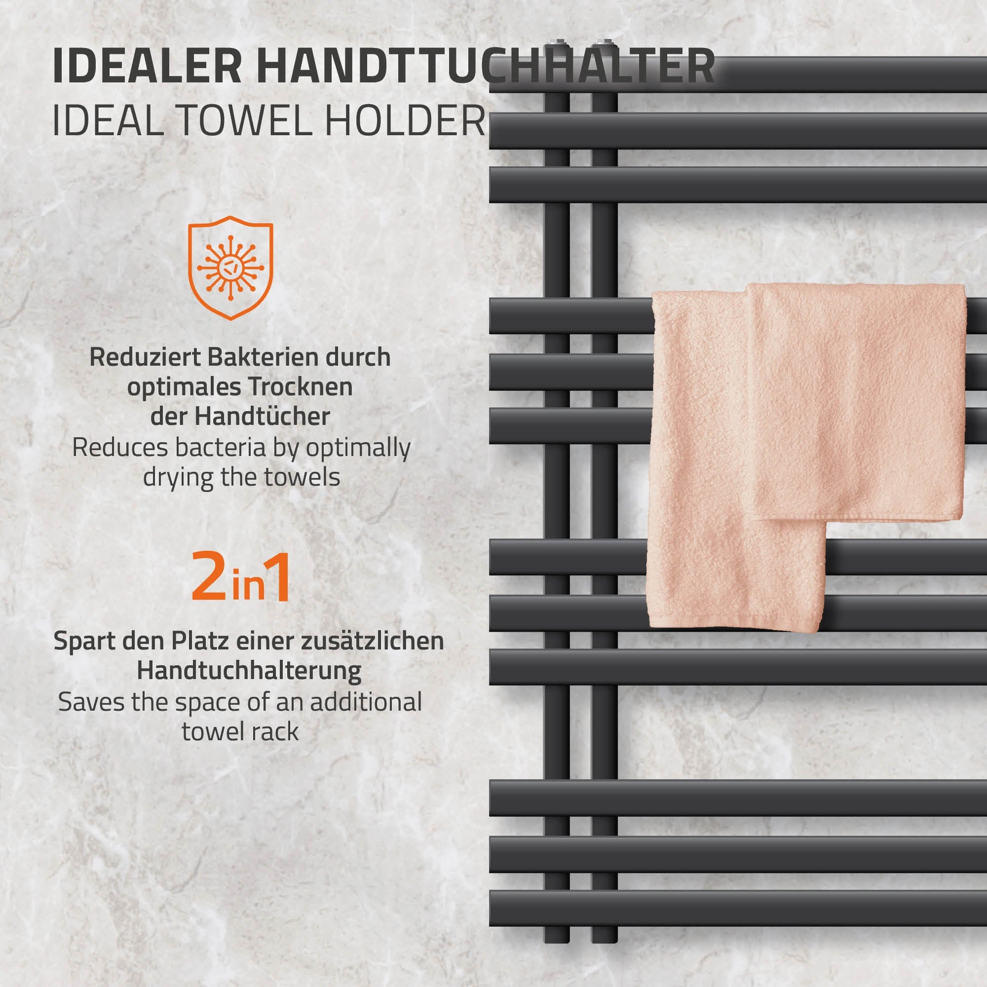 Graphic about a towel holder with information on bacteria reduction.