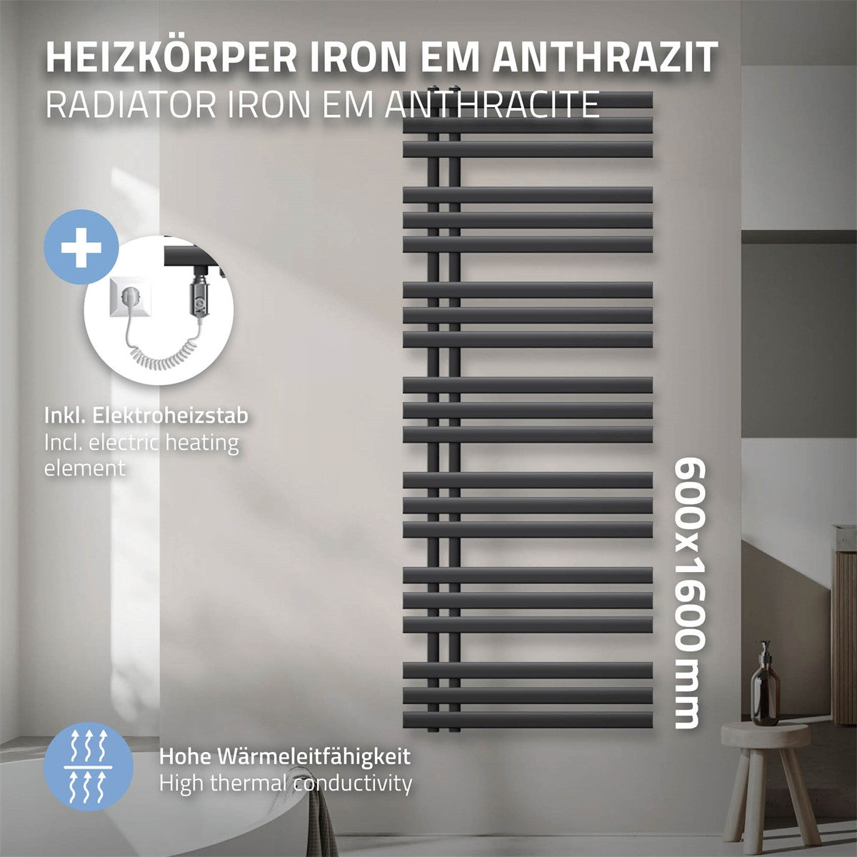 Radiator i antracit med elvarmelegeme, 600 x 1600 mm.