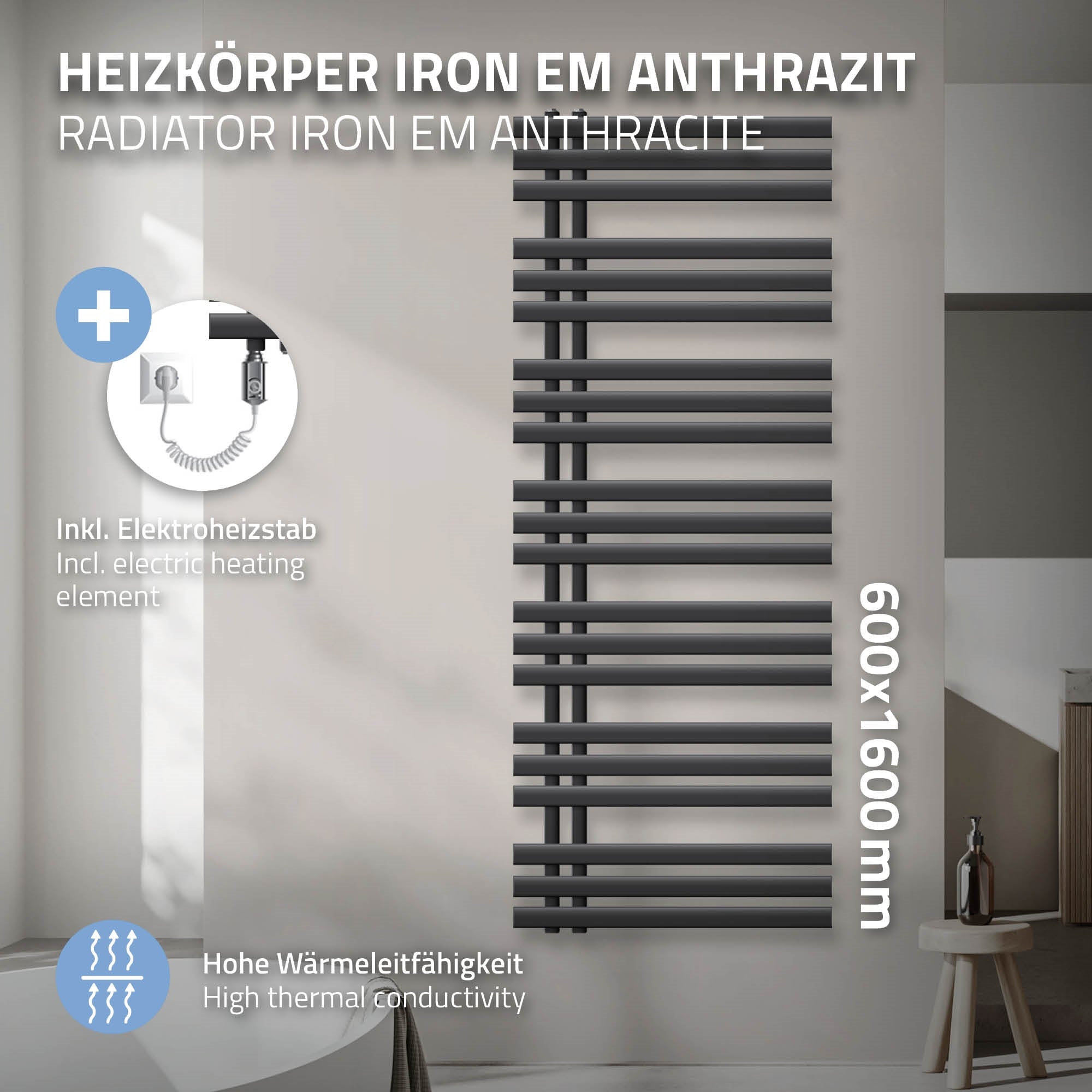 Anthrazitfarbener Heizkörper mit Elektroheizstab, 600x1600 mm.
