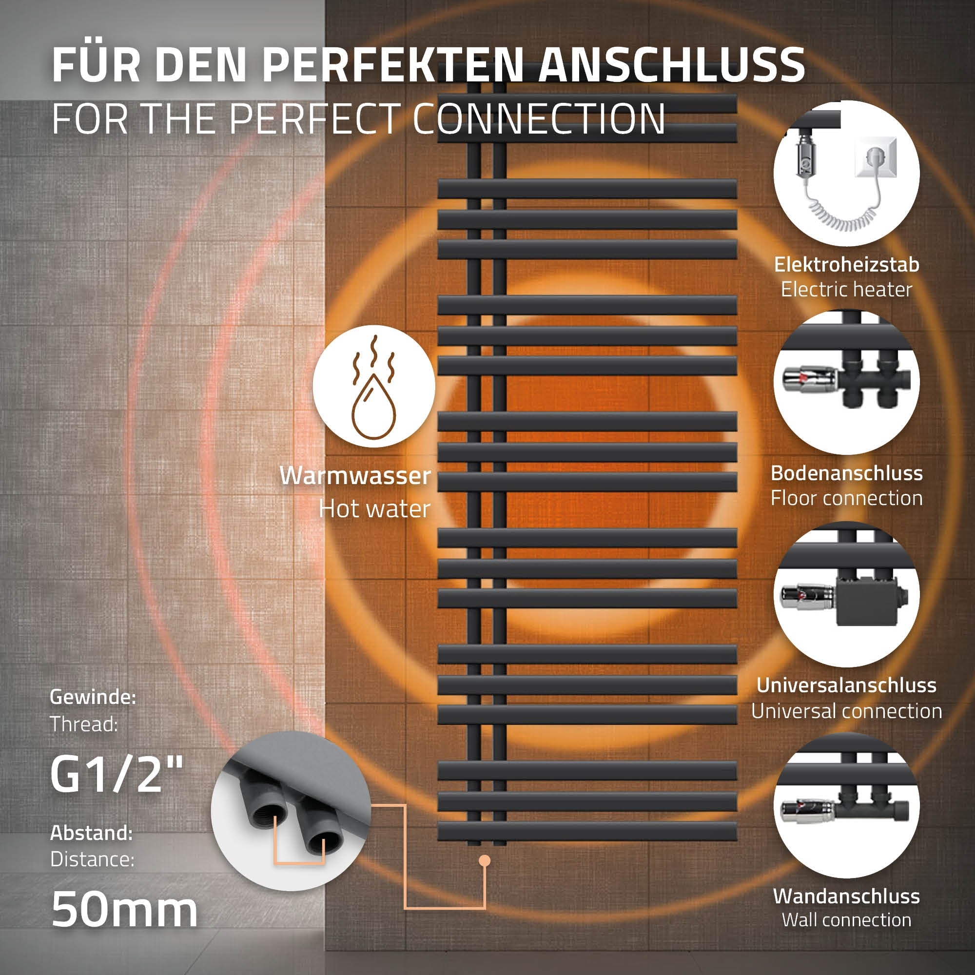 Heizkörper in Anthrazit, 600x1600 mm, mit Elektroheizstab.