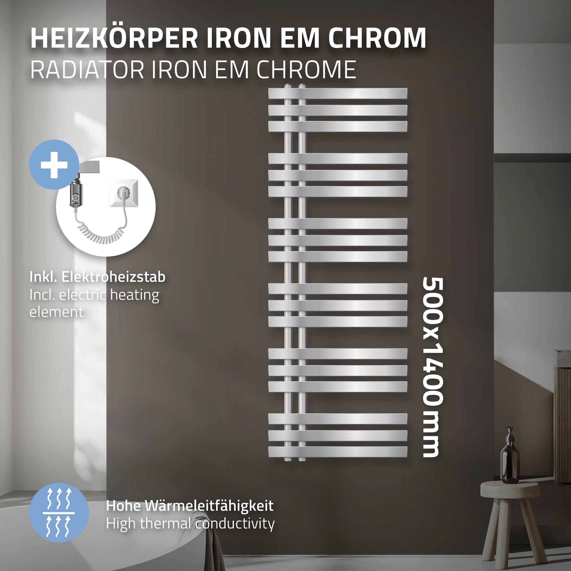 Chrome radiator with electric heating element, dimensions 500x1400 mm.