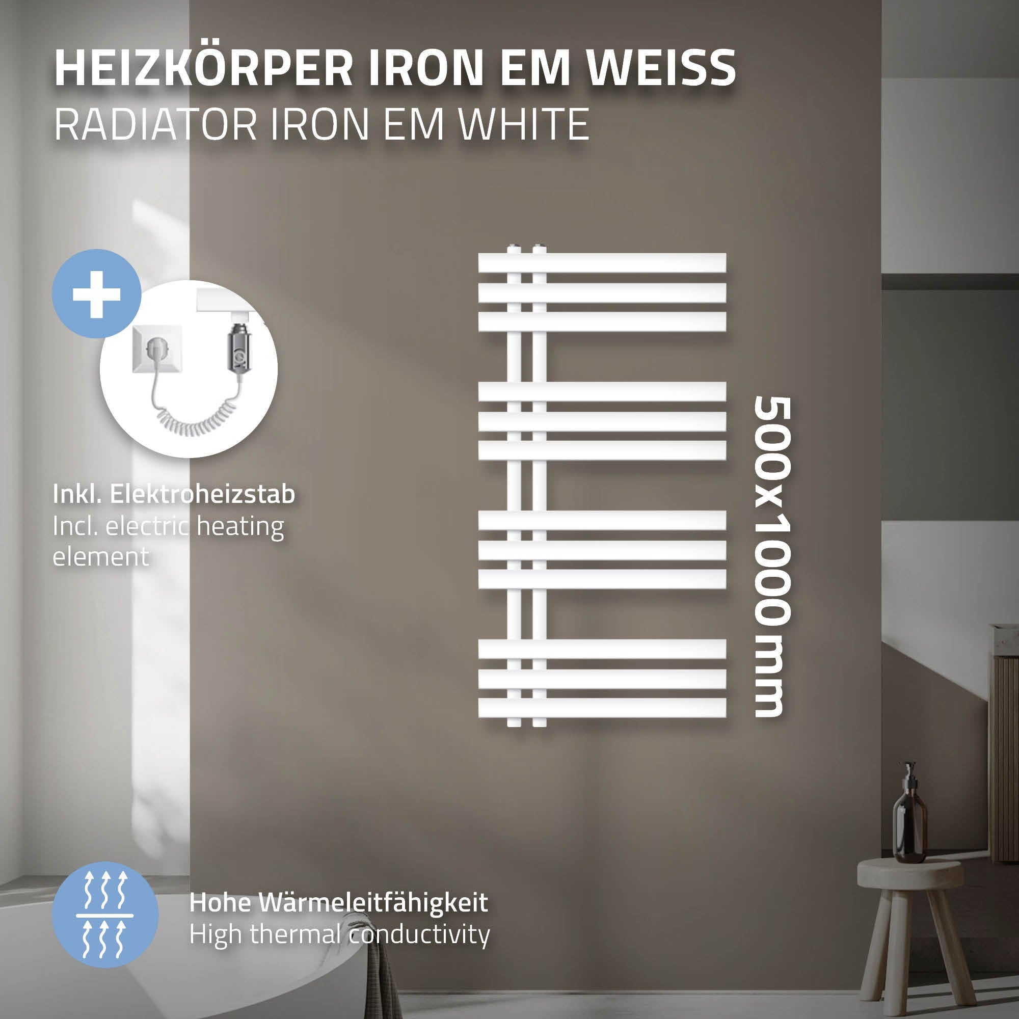 Heizkörper in Weiß, 500x1000 mm, mit Elektroheizstab.