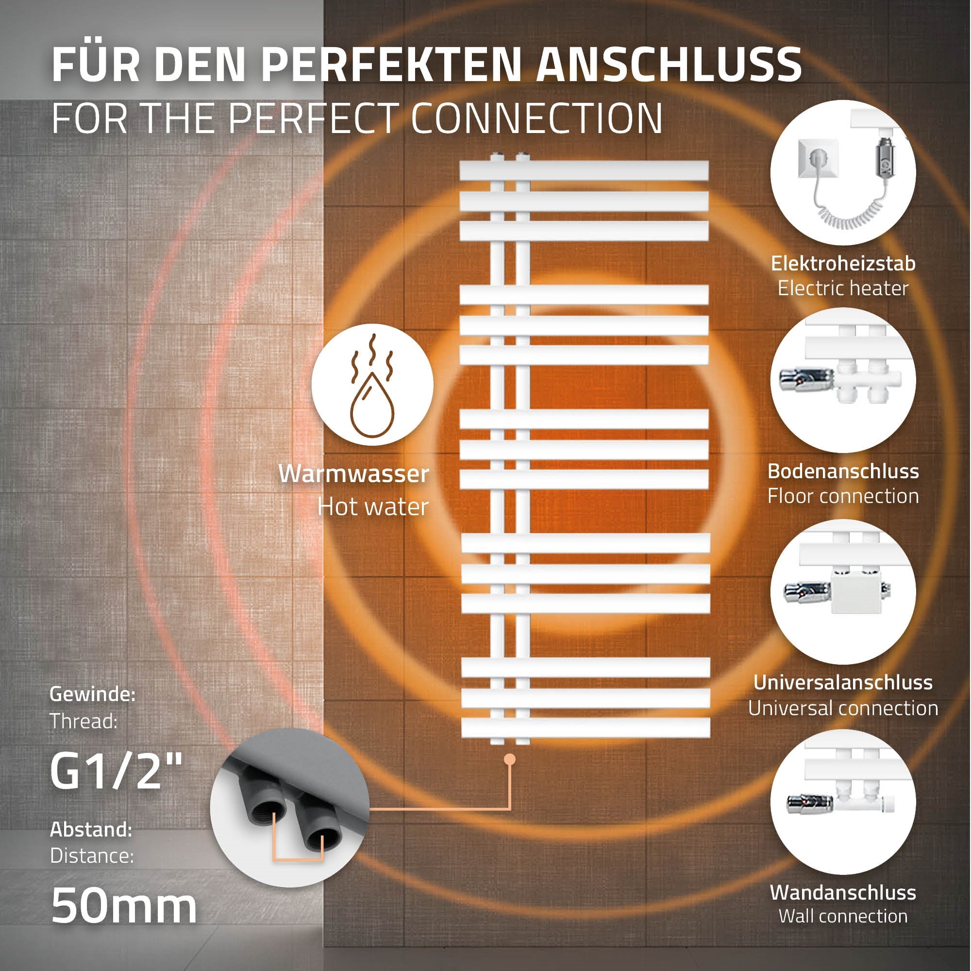 Diagram with connection options for a towel holder.