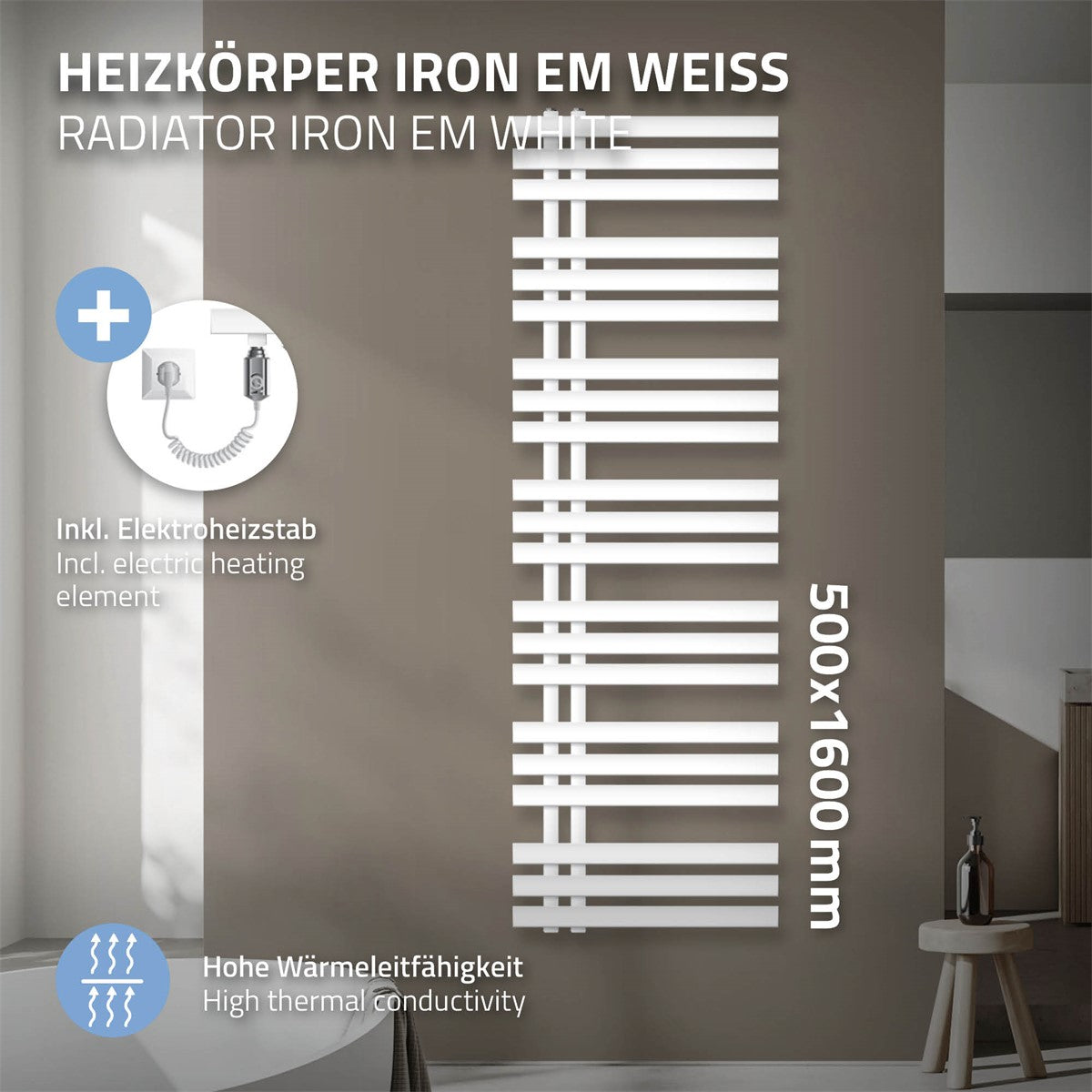 Radiator i hvid, 500x1600 mm, med elektrisk varmestav.