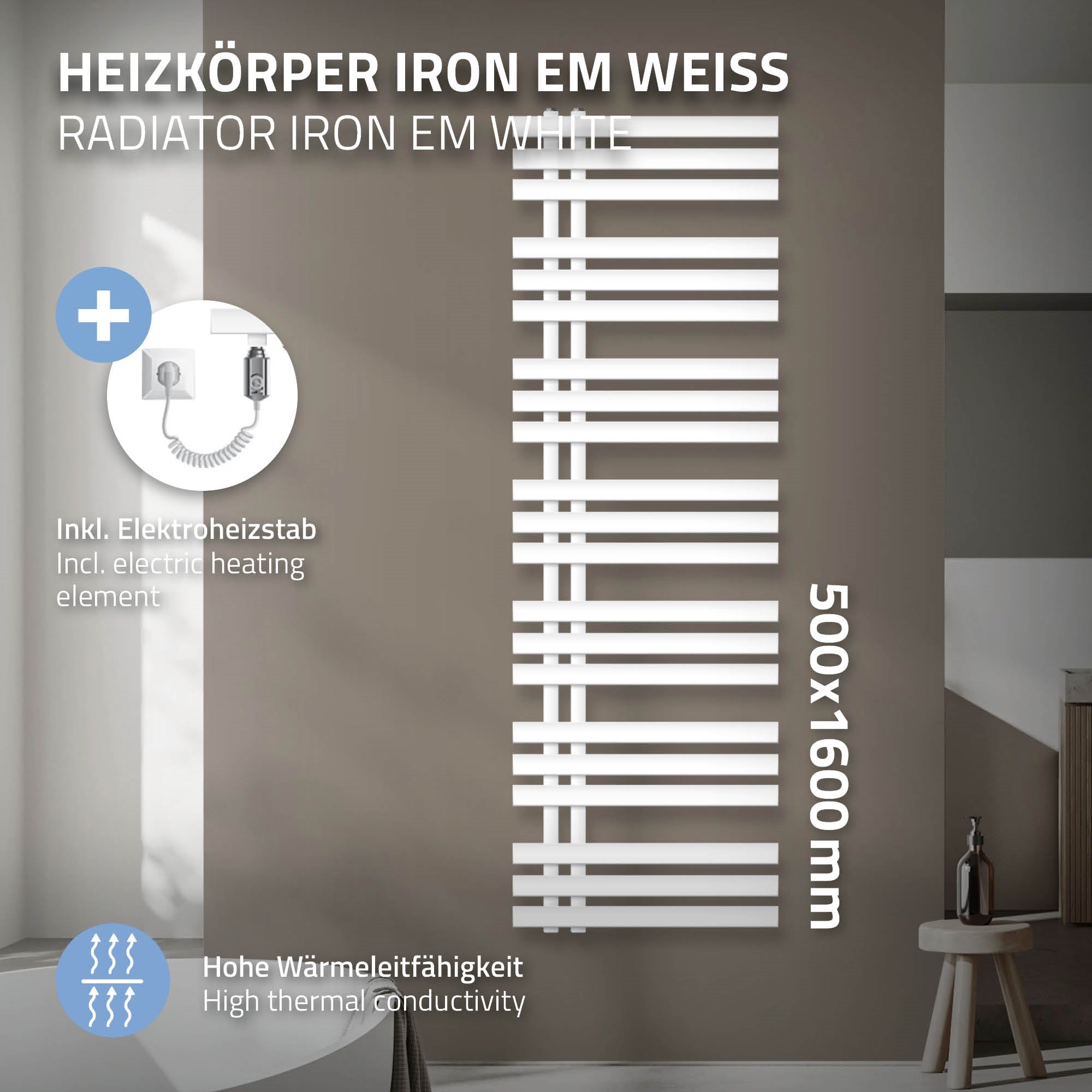 Heizkörper in Weiß, 500x1600 mm, mit Elektroheizstab.