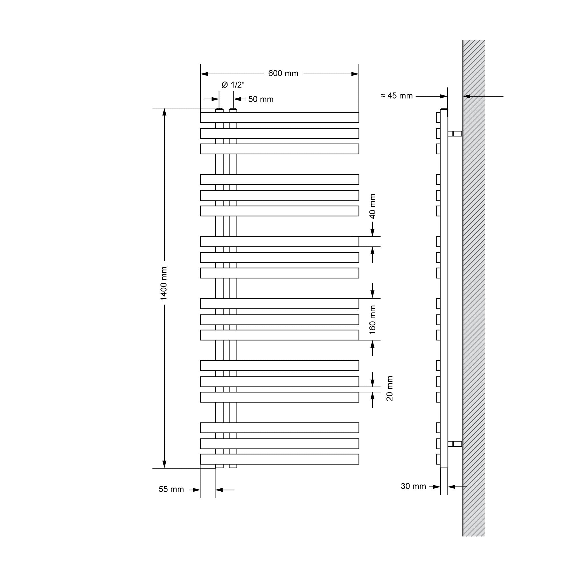 Disegno tecnico con misure per un prodotto, inclusi dettagli.