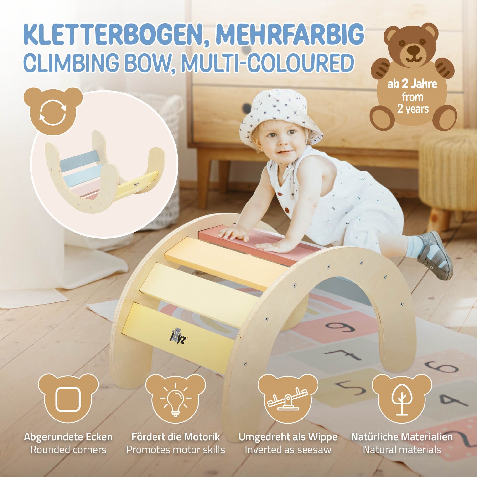 Bunter Kletterbogen aus Holz mit abgerundeten Ecken und einem Kind.