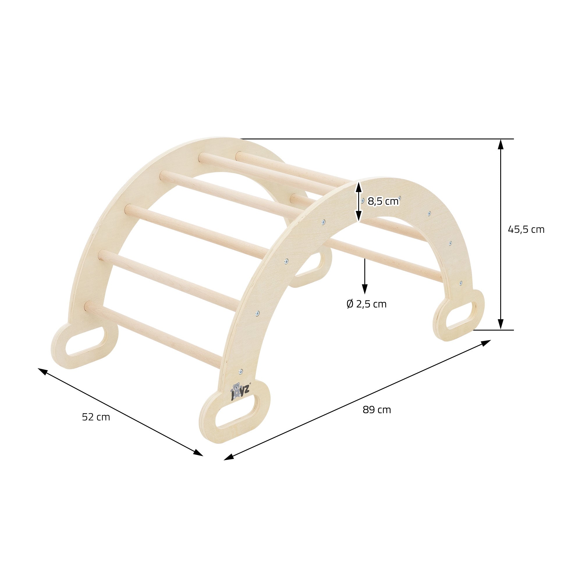 Holzspielgerät in Bogenform mit Maßen und Details.