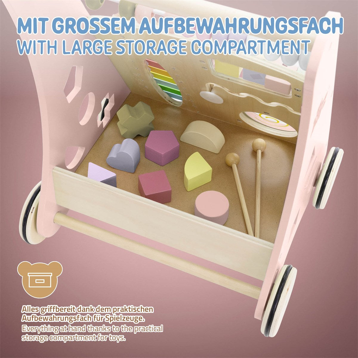 Ein Holzspielzeugwagen mit einem großen Aufbewahrungsfach und verschiedenen Spielzeugen.