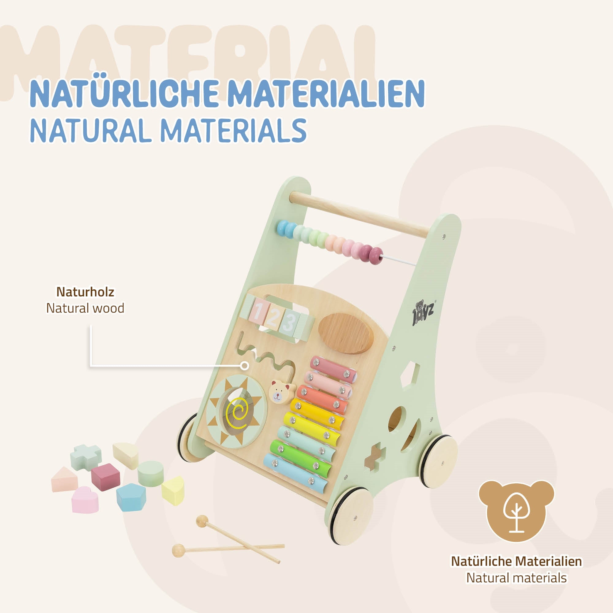 Push toy made of natural wood with colorful elements and rounded edges.