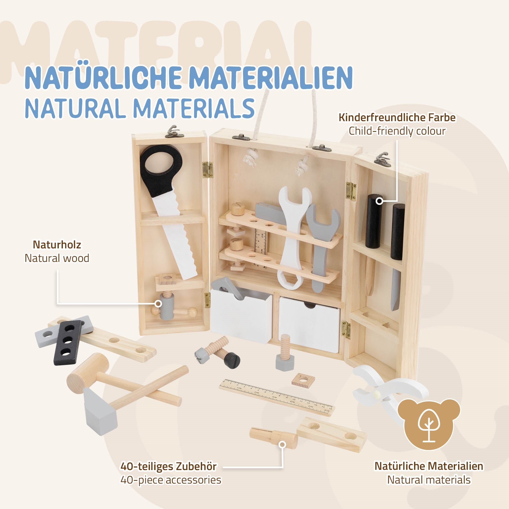 Holzkiste mit Spielzeugwerkzeugen und Zubehör aus Naturholz.