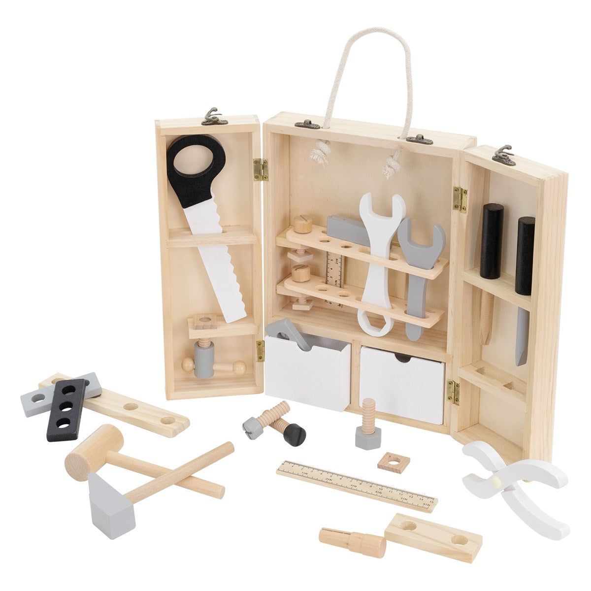 Wooden toolbox with various toy tools and accessories.