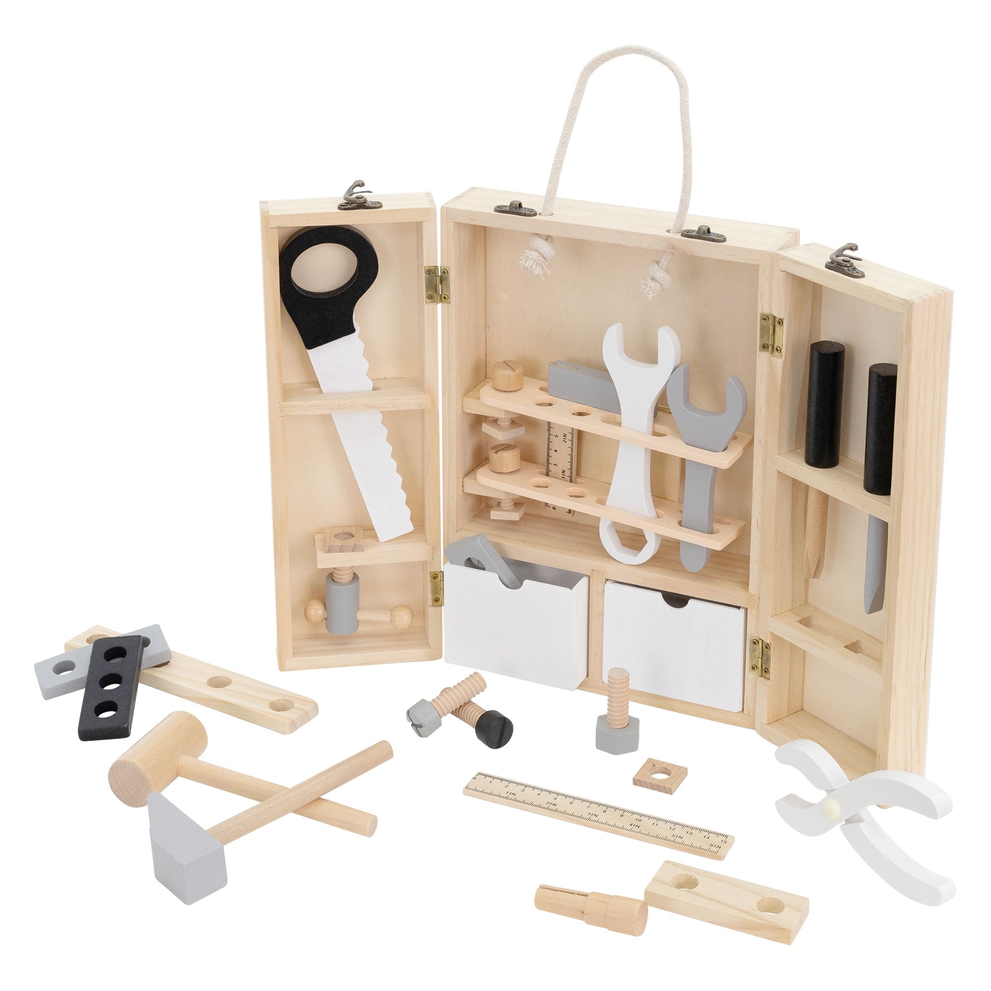 Holzwerkzeugkasten mit verschiedenen Spielwerkzeugen und Zubehör.