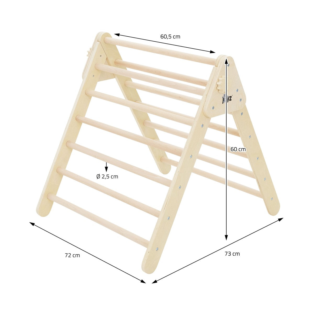 Holzspielgerät mit mehreren Sprossen, Maße und Durchmesser angegeben.