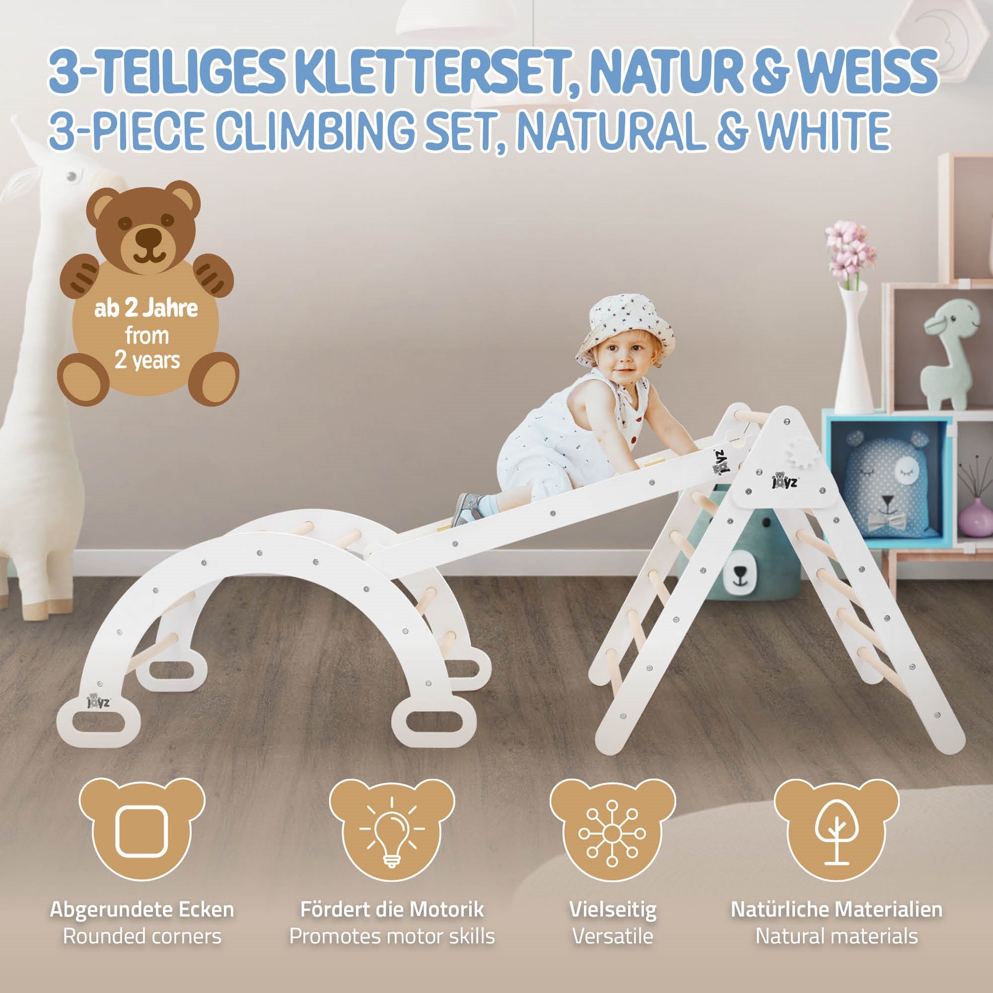 Drei-teiliges Kletterset in Natur- und Weißtönen mit einem Kind, das spielt.