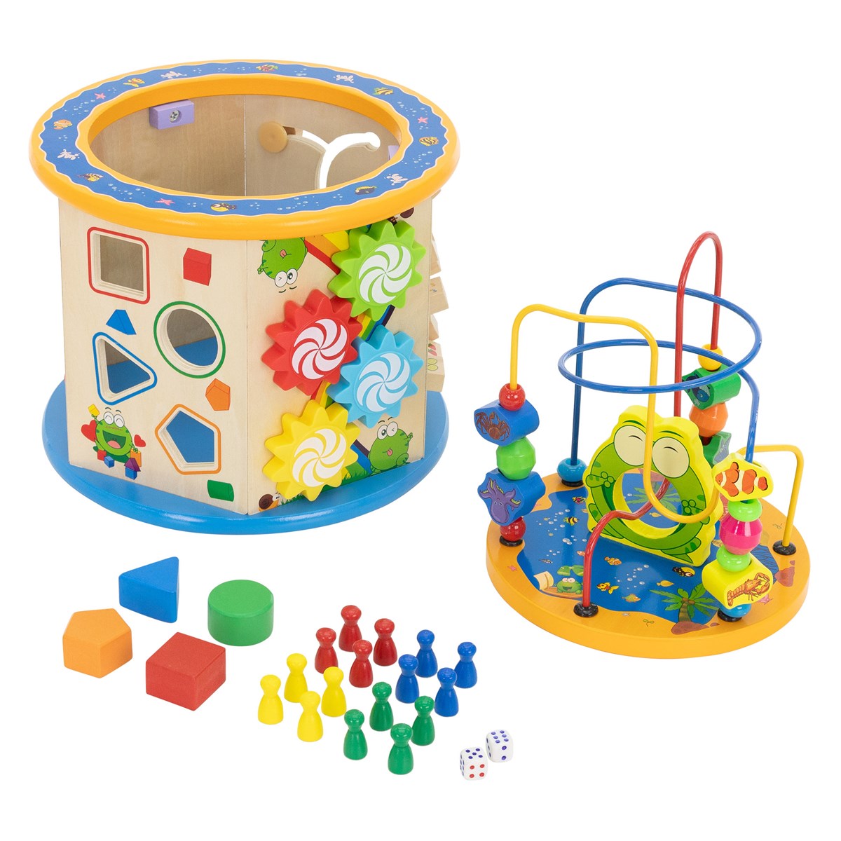 Wooden toy with colorful shapes and figures on a table.
