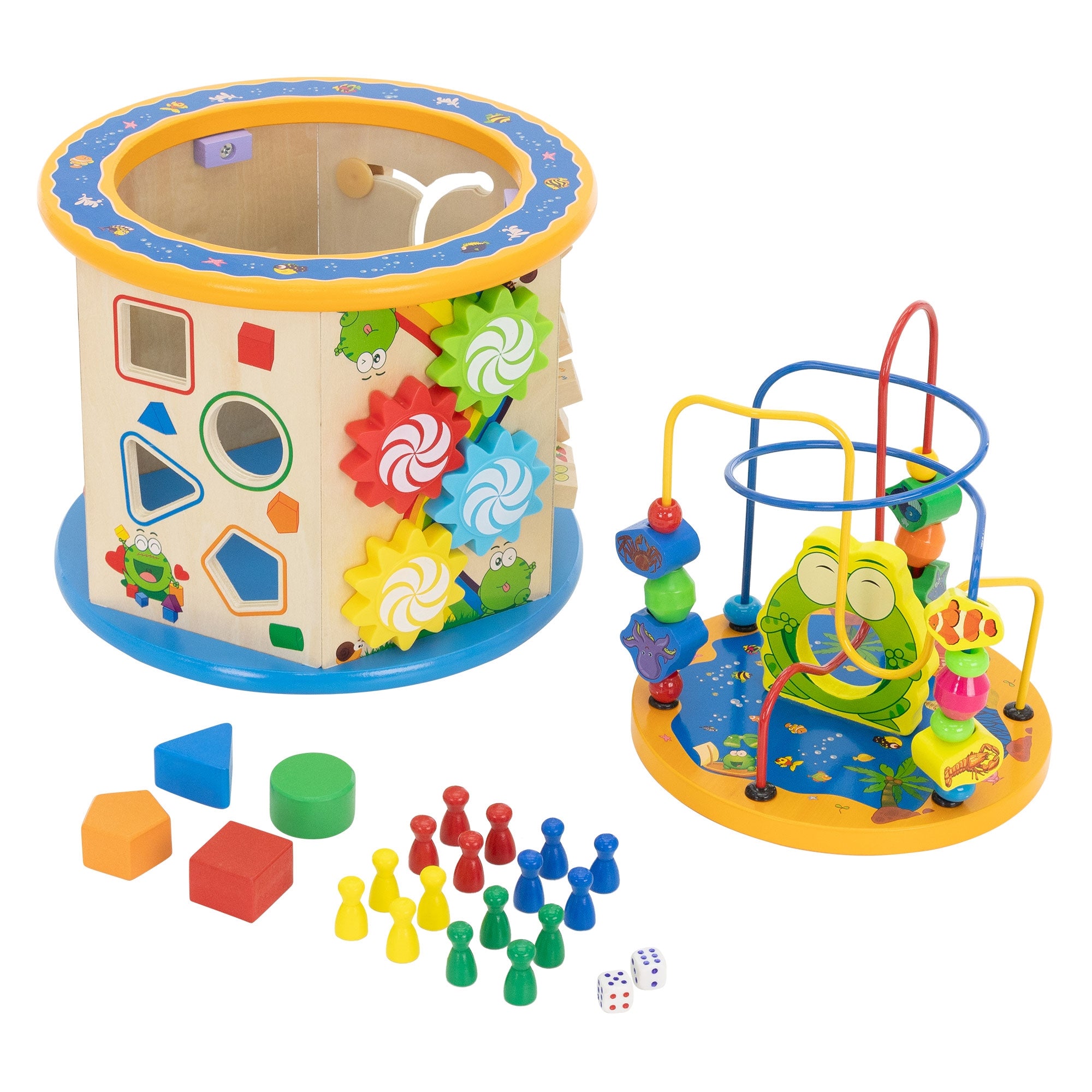 Holzspielzeug mit bunten Formen und Figuren auf einem Tisch.