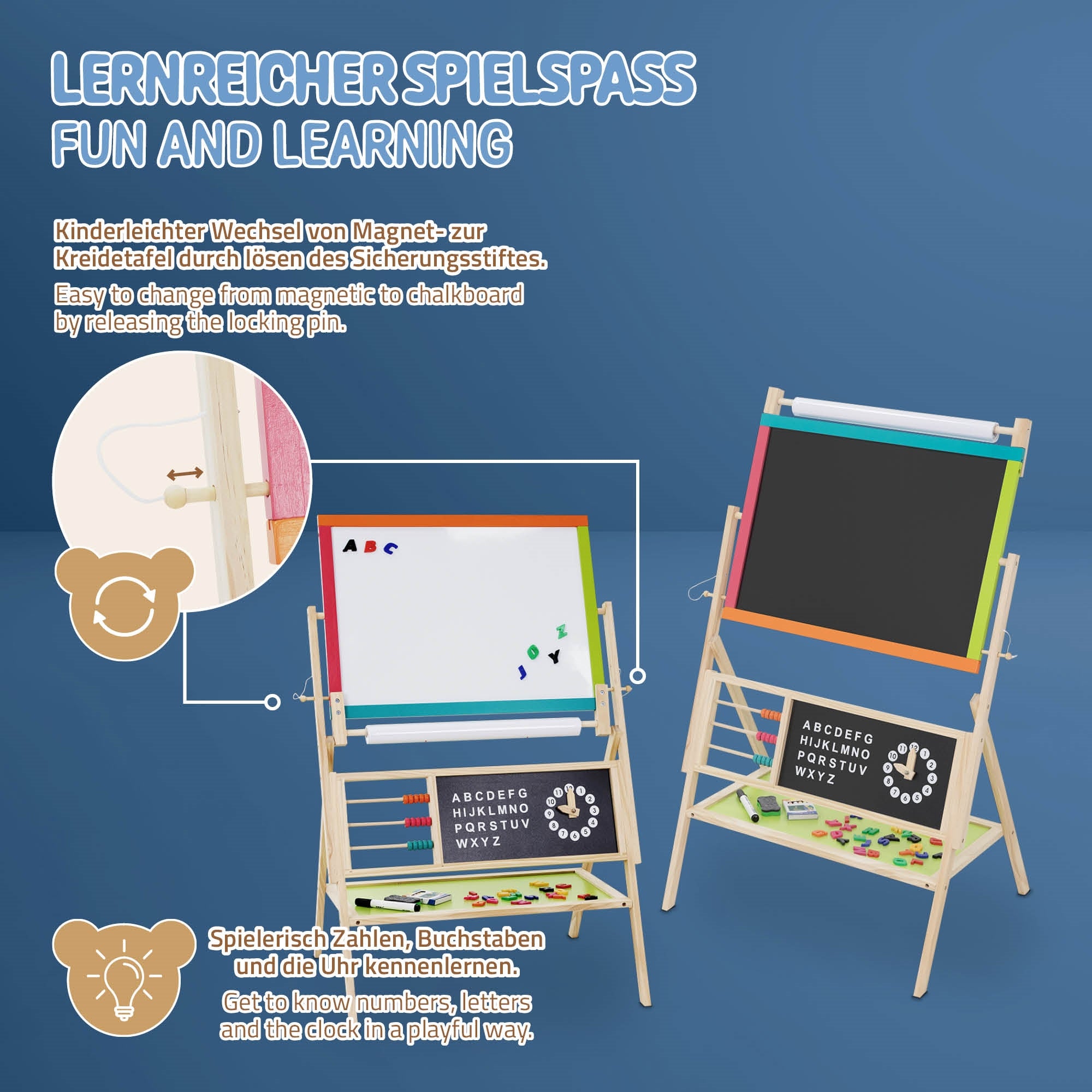 Ein Spieltisch mit einer Tafel und Magneten für Kinder zum Lernen.