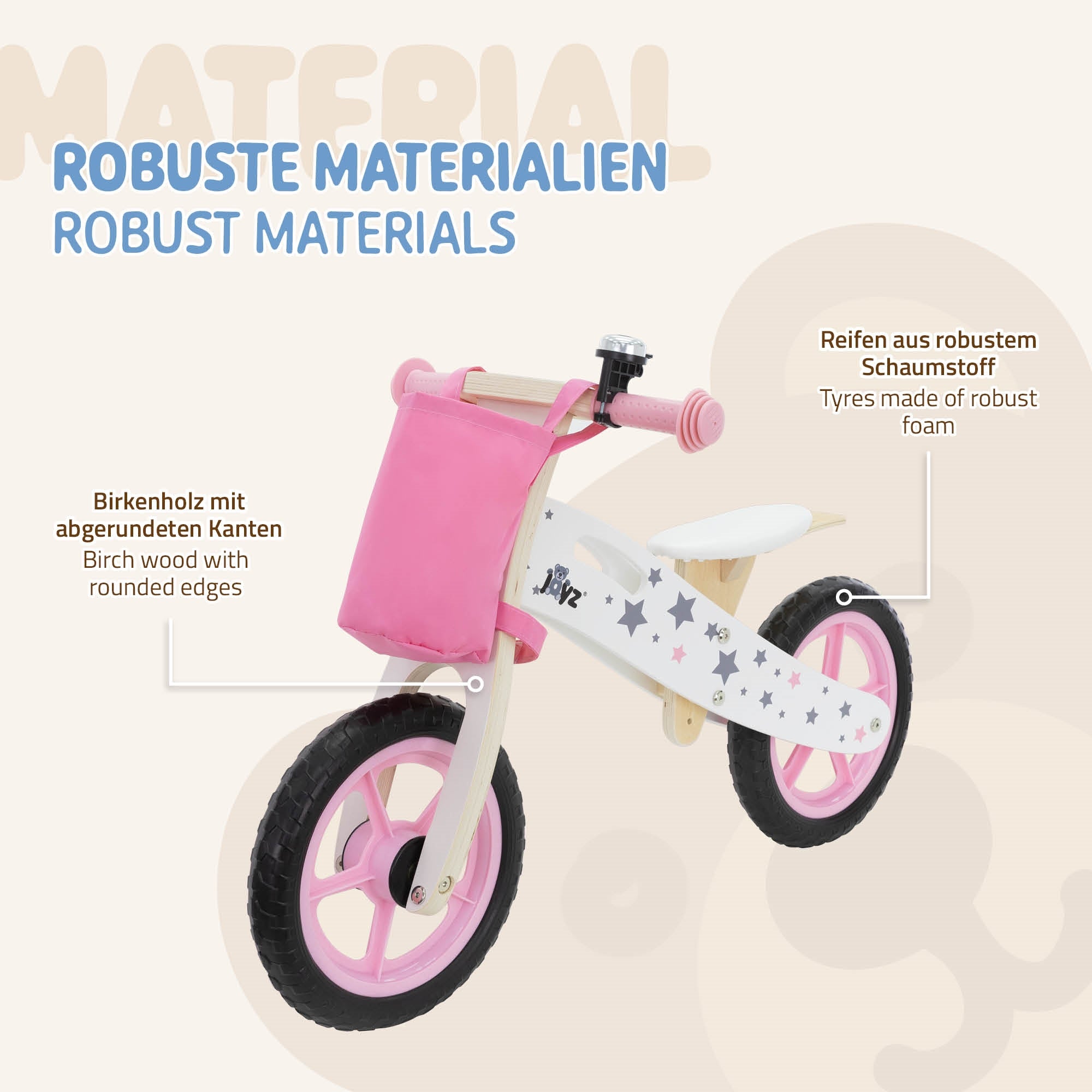 Detailansicht eines Kinderfahrrads aus Birkenholz mit Schaumstoffreifen.