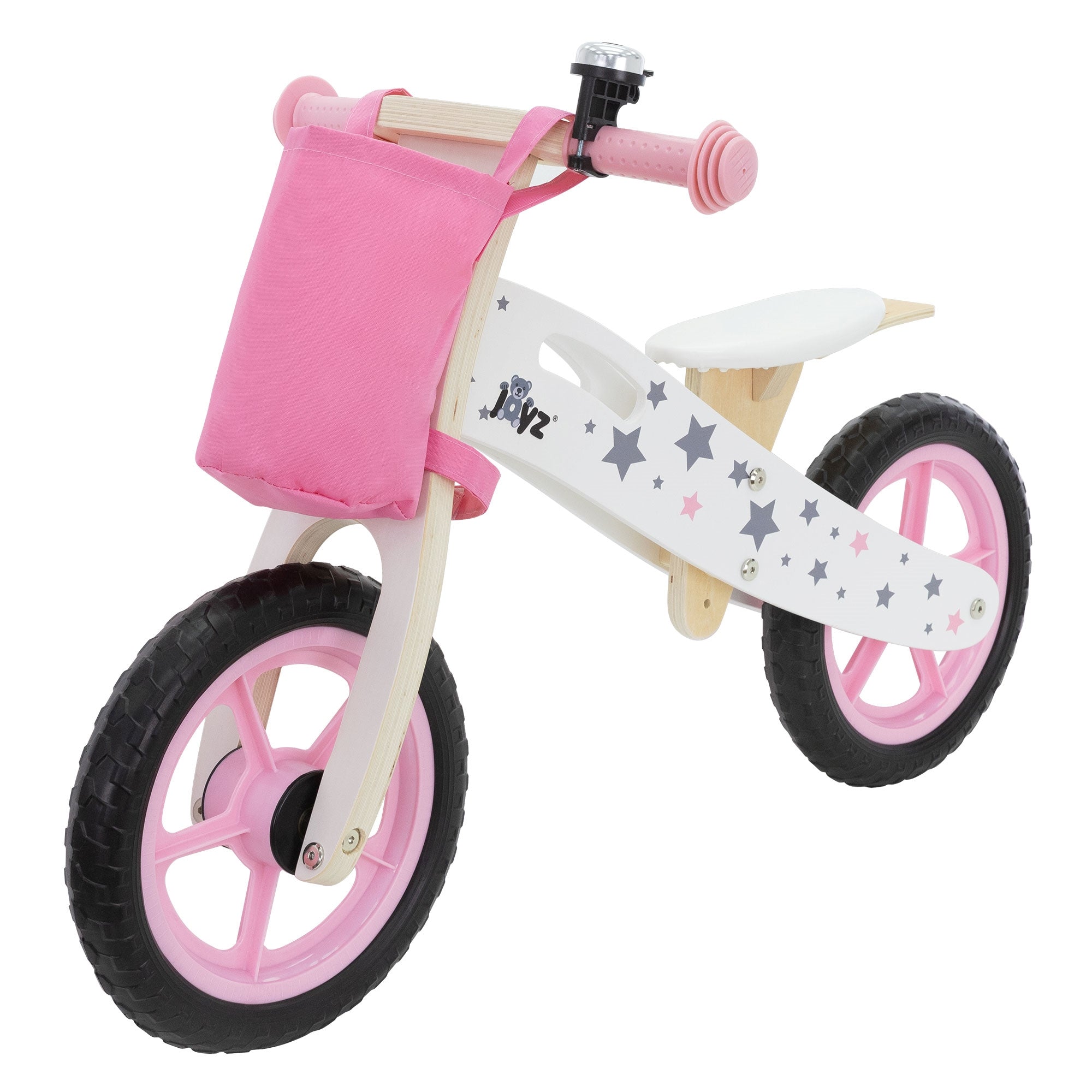 Laufrad in Pink mit einer abnehmbaren Tasche und Gummigriffen.