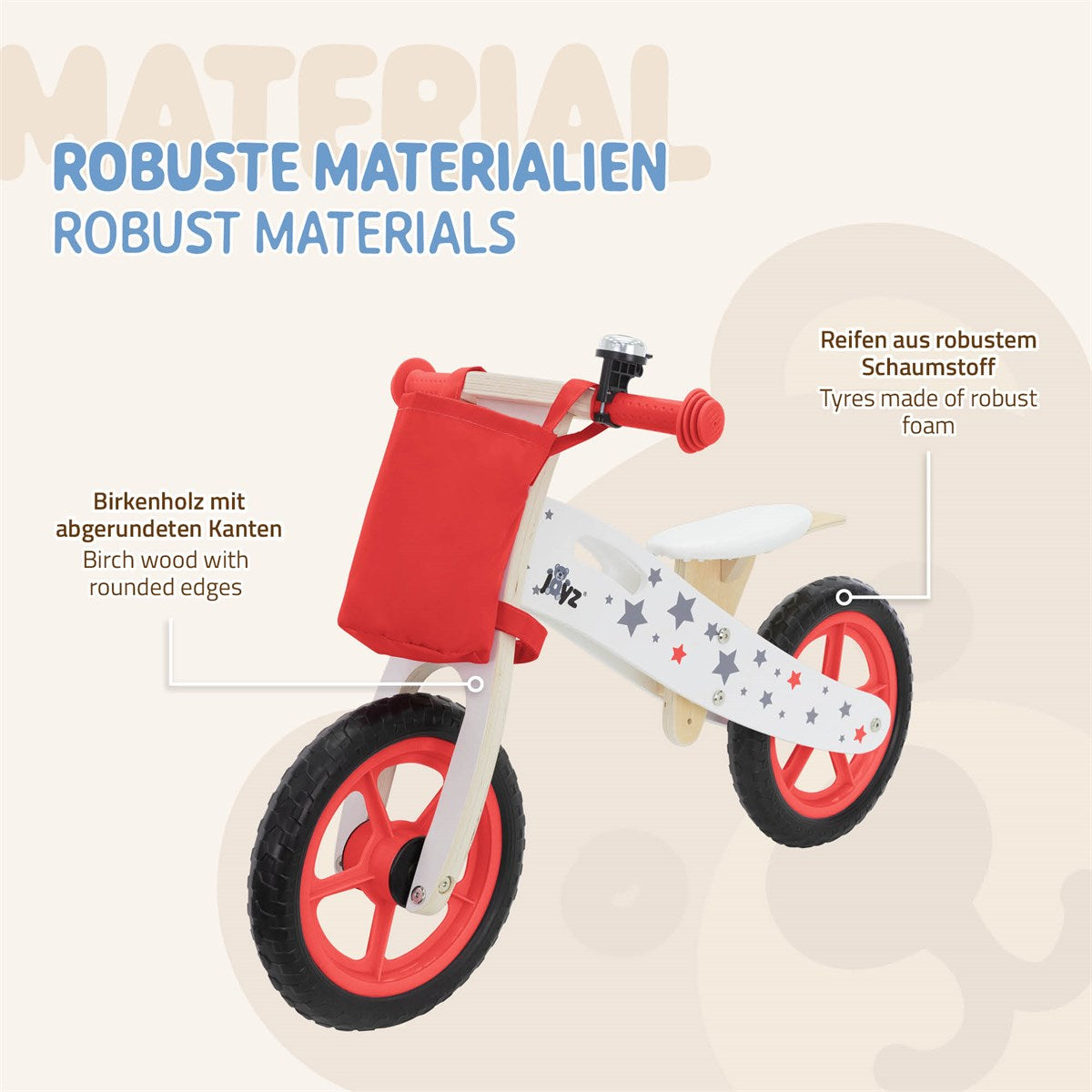 A red balance bike made of birch wood with foam tires and stars.