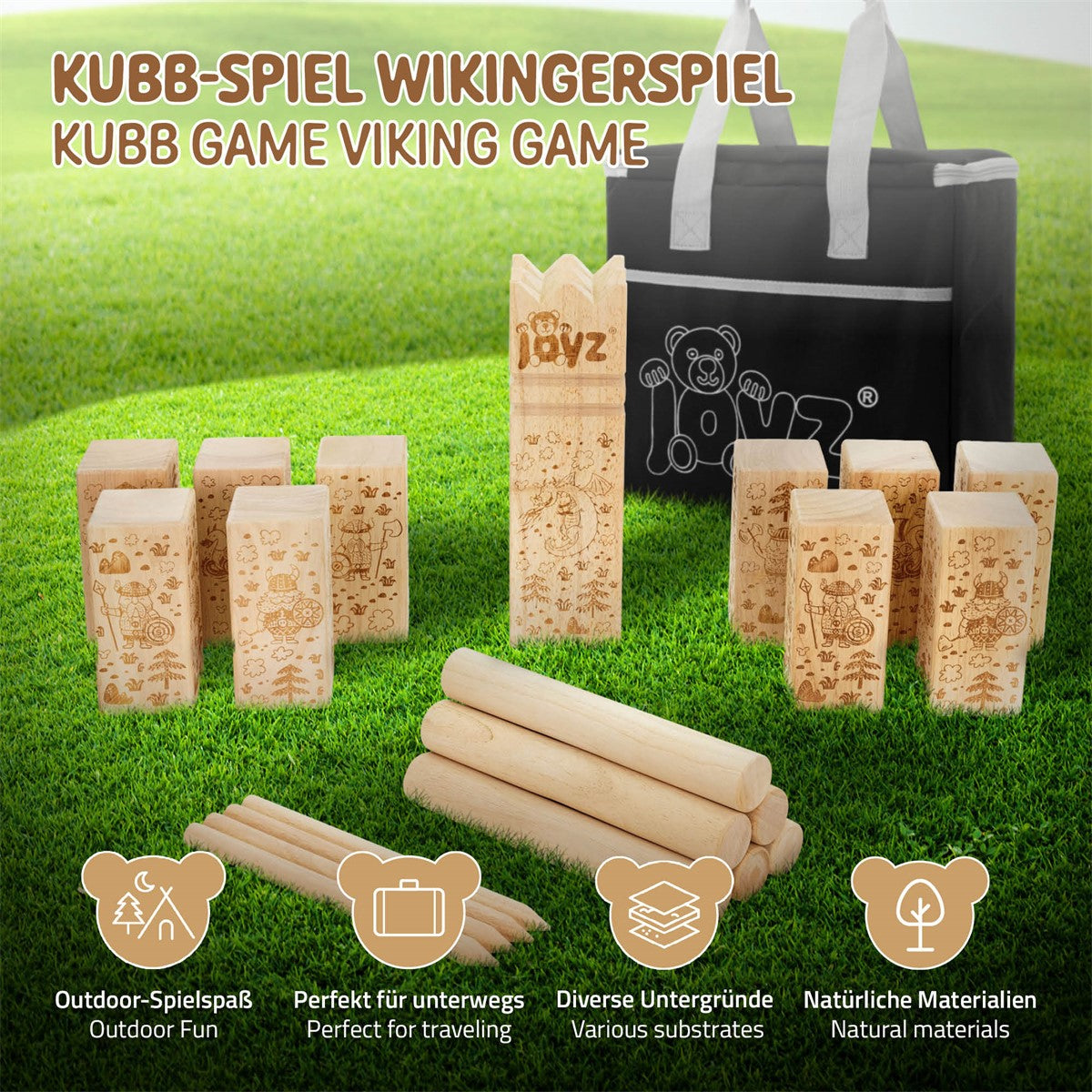 Set per il gioco del Kubb con blocchi di legno e bastoni da gioco, in una borsa.