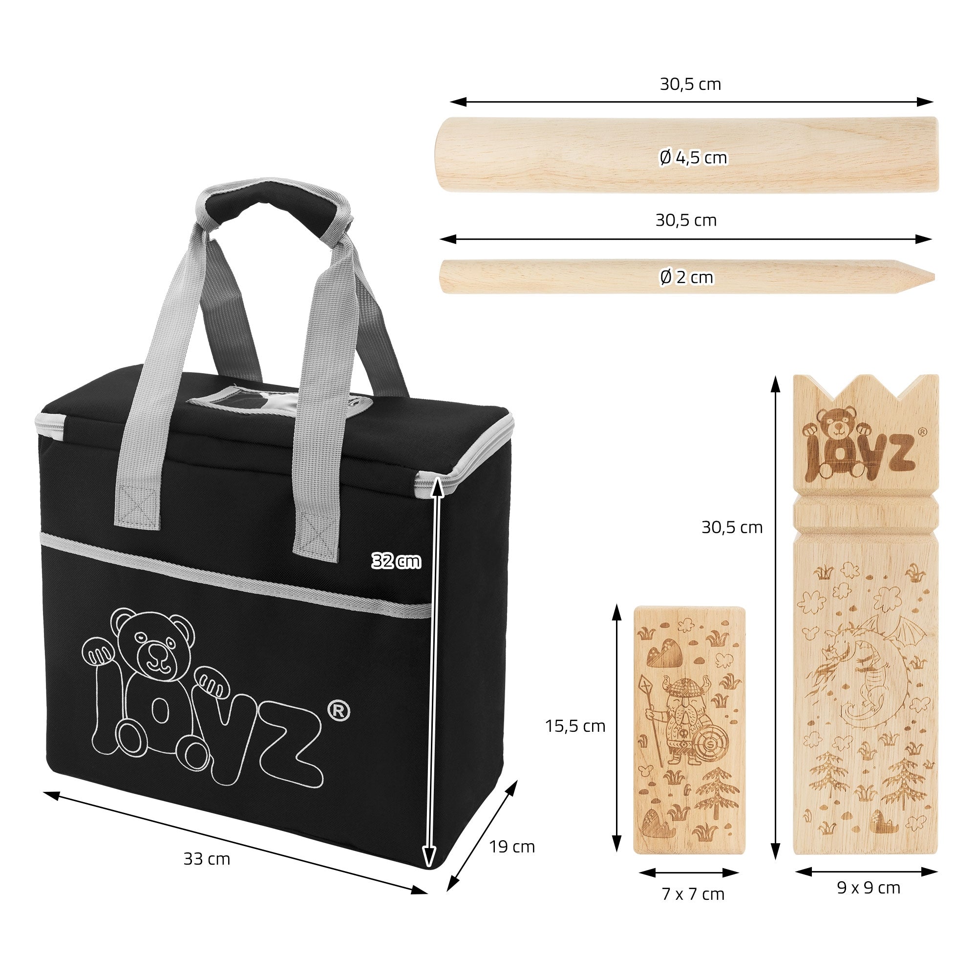 Eine schwarze Tasche mit Holzstäben und einem Holzblock mit Zeichnungen.