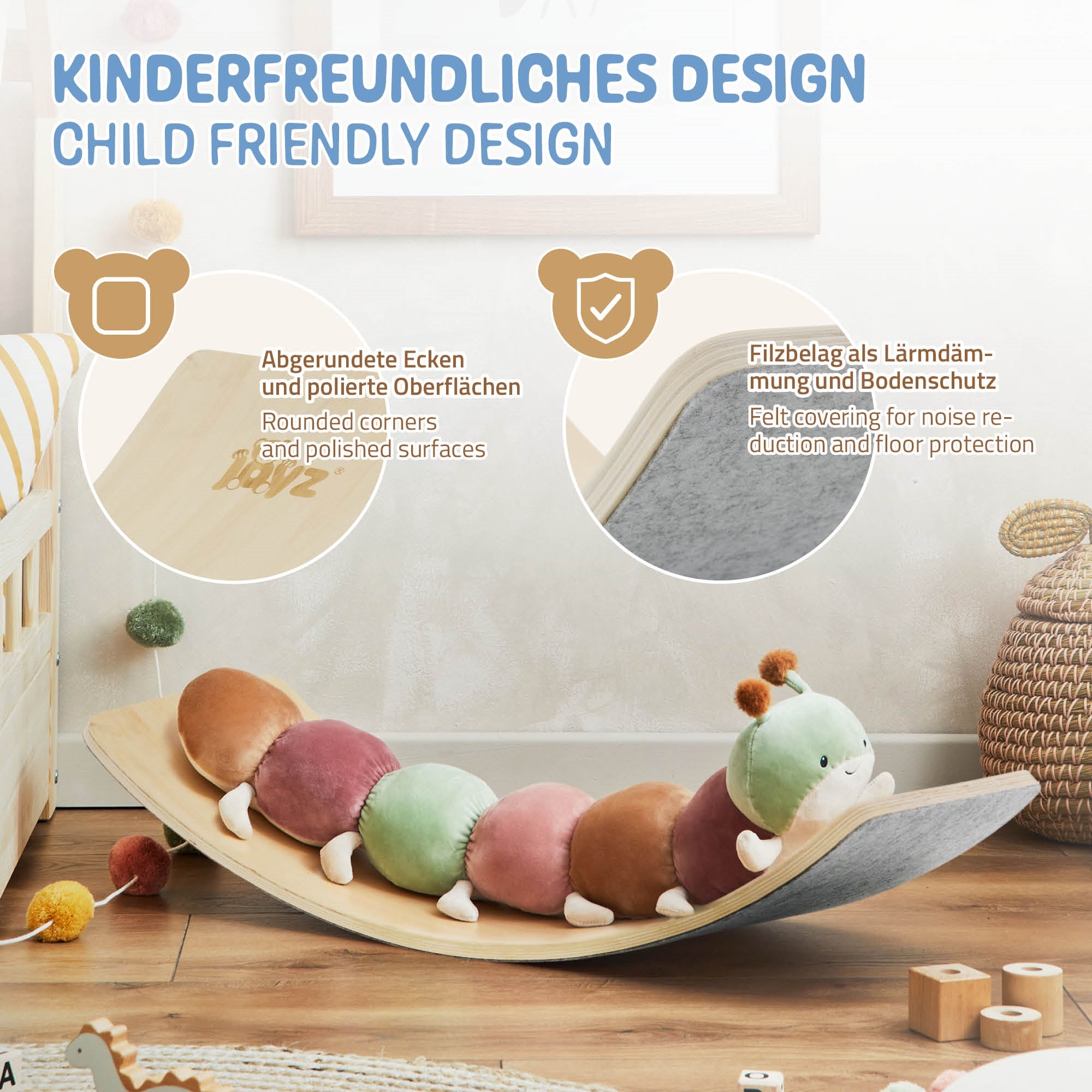 Balance Board mit einem bunten, plüschigen Raupen-Spielzeug darauf.