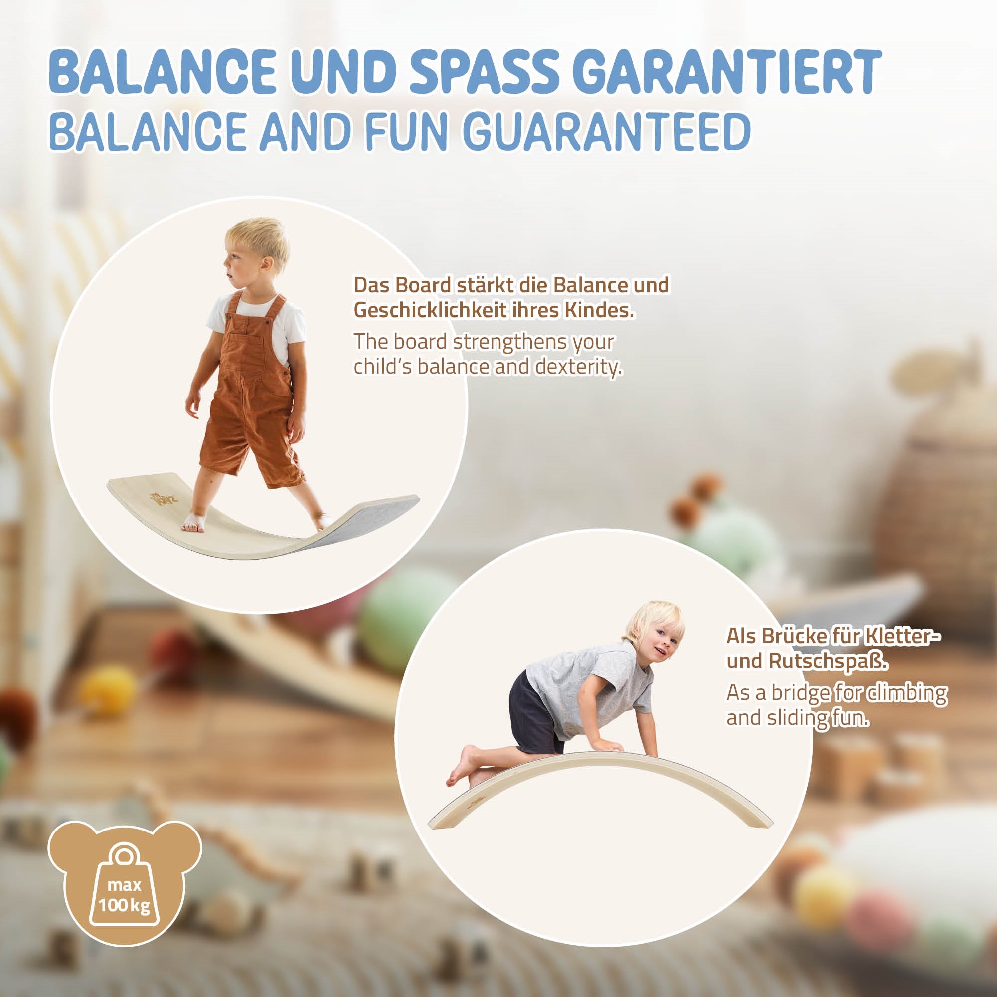 Kind spielt auf einem Holzbrett, das als Brücke genutzt wird.