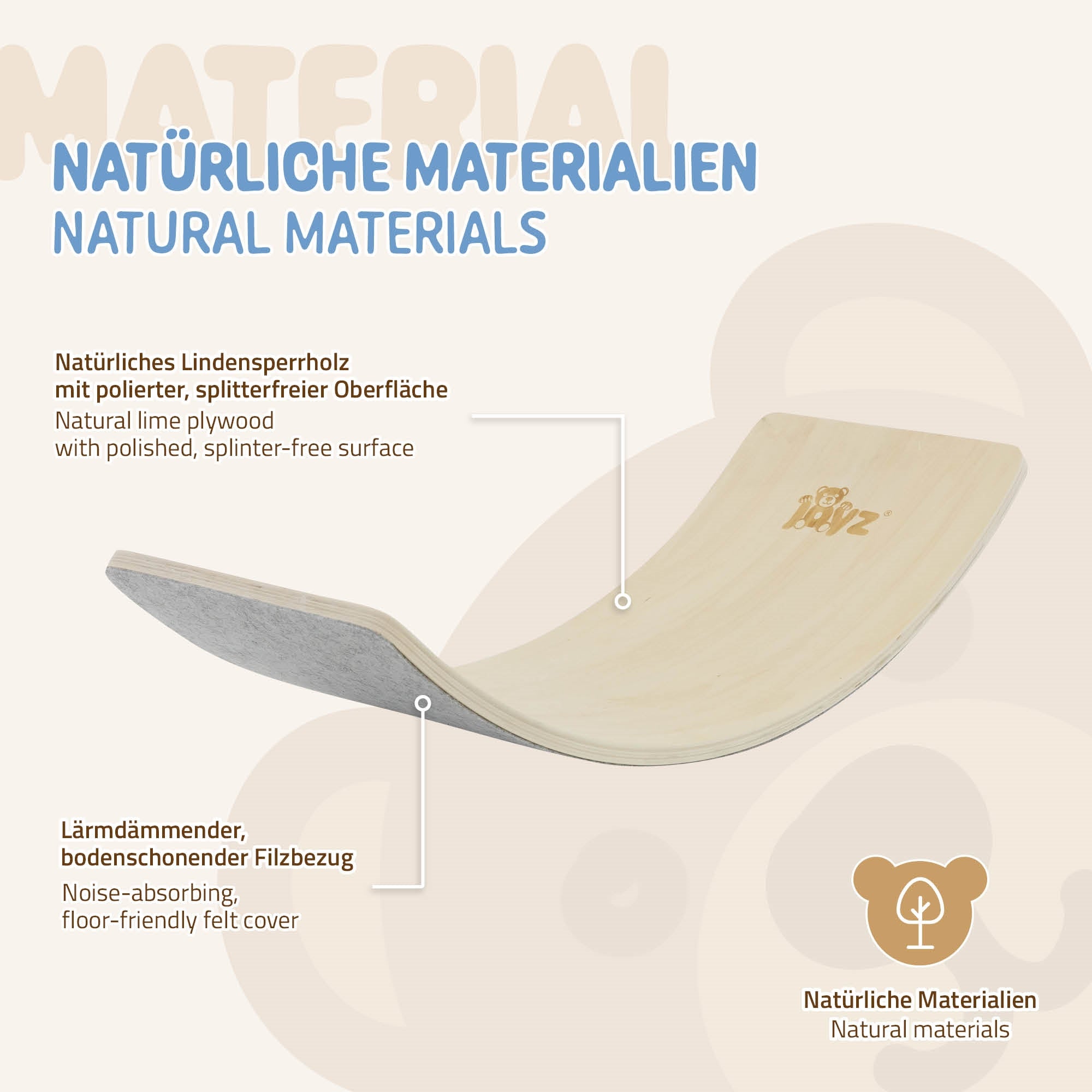 Holzspielgerät aus Lindenholz mit splitterfreier Oberfläche und Filzbezug.