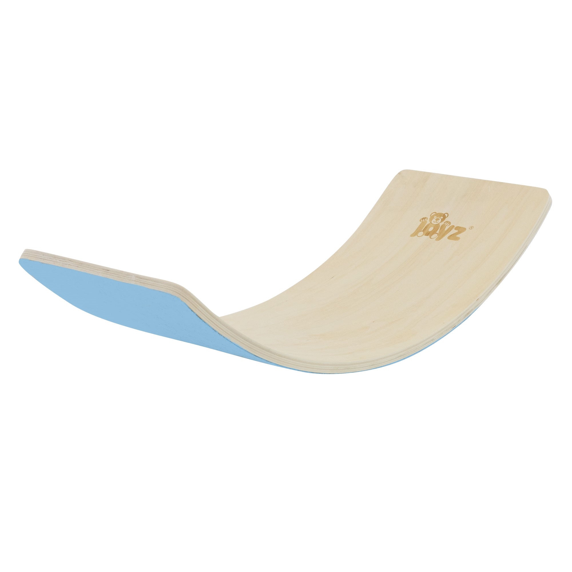 Équipement de jeu en bois en forme courbée, couleur naturelle avec un dessous bleu.