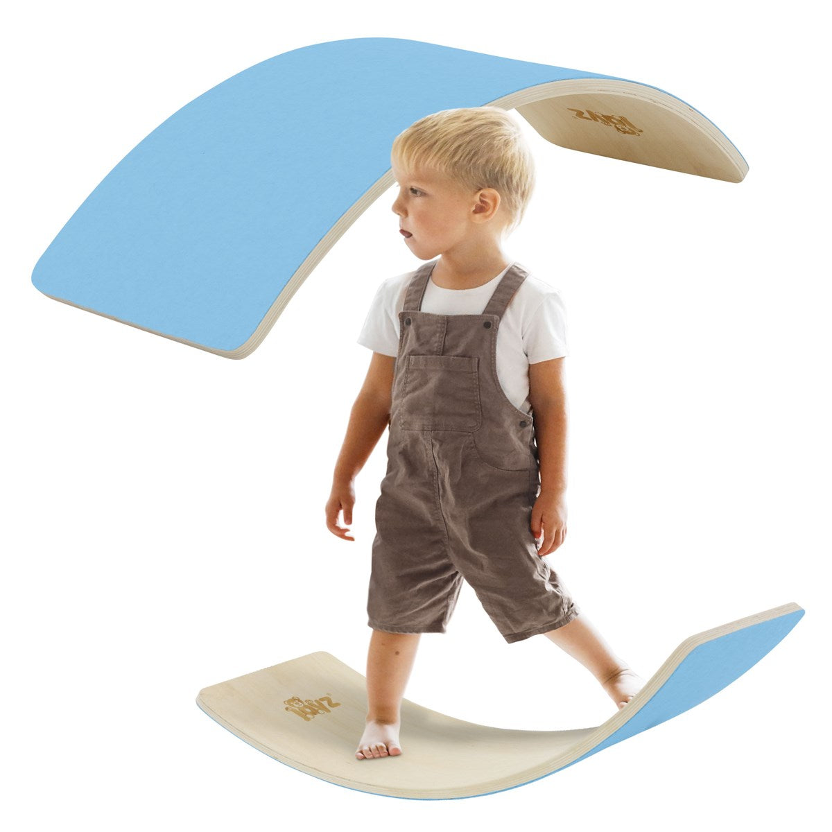 A child is standing on a blue arched play equipment.