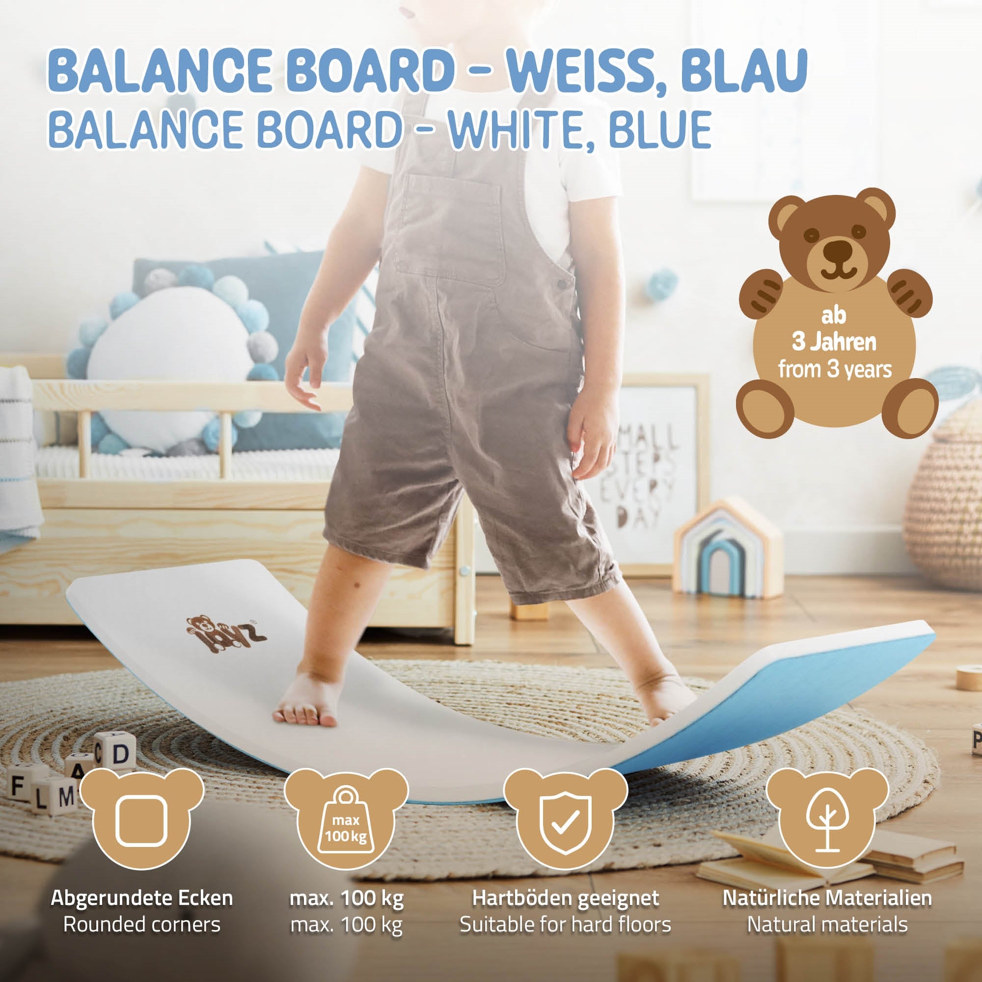 Plateau d'équilibre en blanc et bleu, enfant debout dessus, coins arrondis.